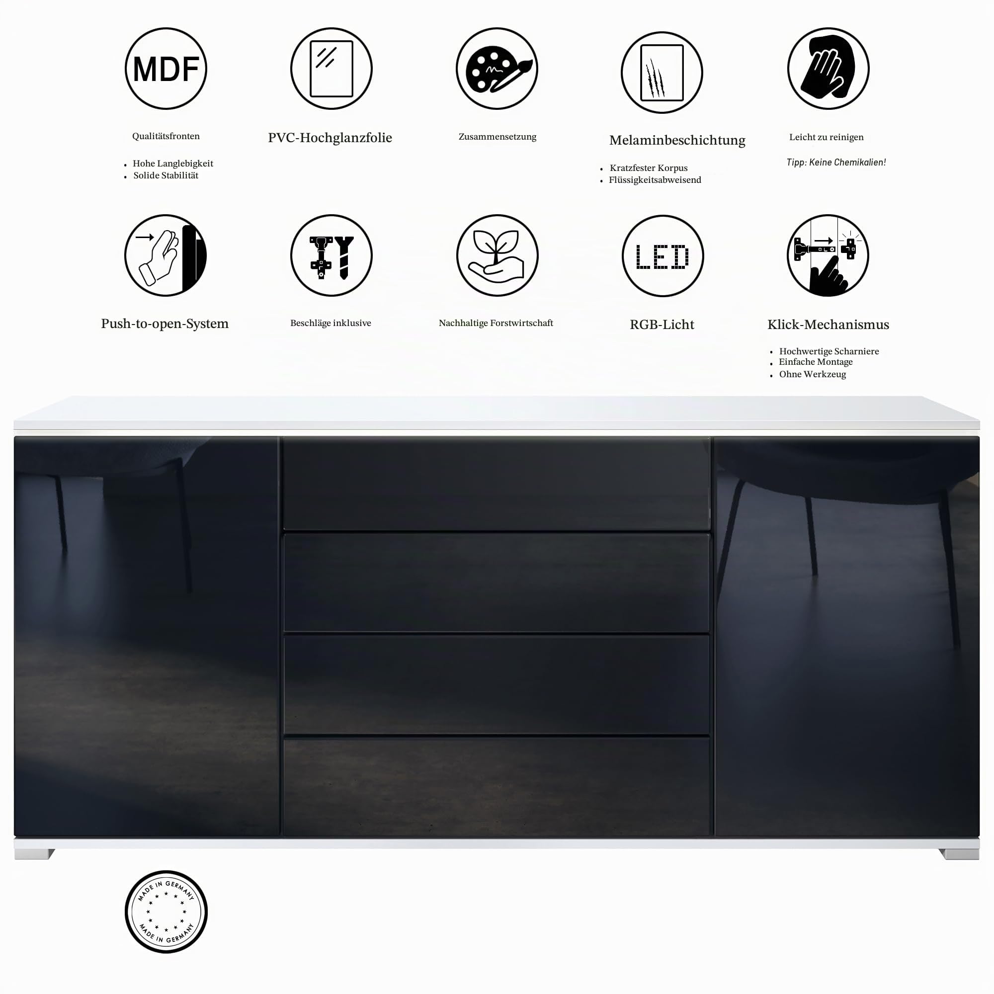 Vladon Sideboard Faro V2 - Kommode mit 2 Türen & 4 Schubladen, Schrank mit LED Lichtleiste, Weiß matt/Eiche Natur (166,5 x 75,5 x 35)