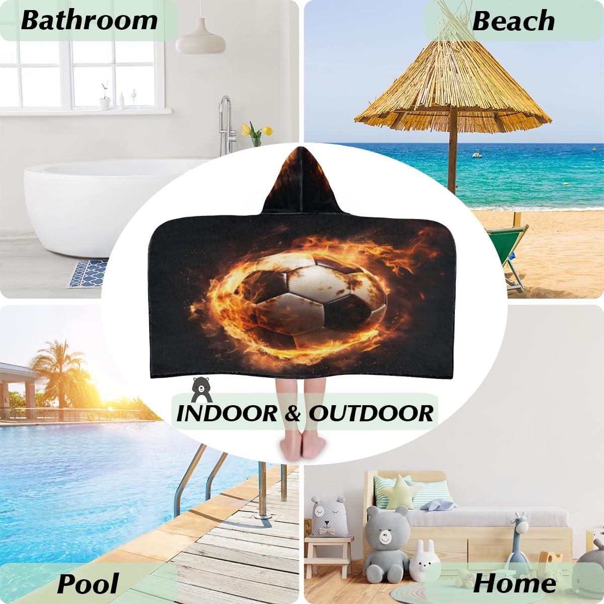 Pardick Kids Bath Towel Fire Football Beach Towel with Hood Pool Cover Up for Girls Boys Soft Absorbent Hooded Bath Towel Toddler Towels for Beach, Pool