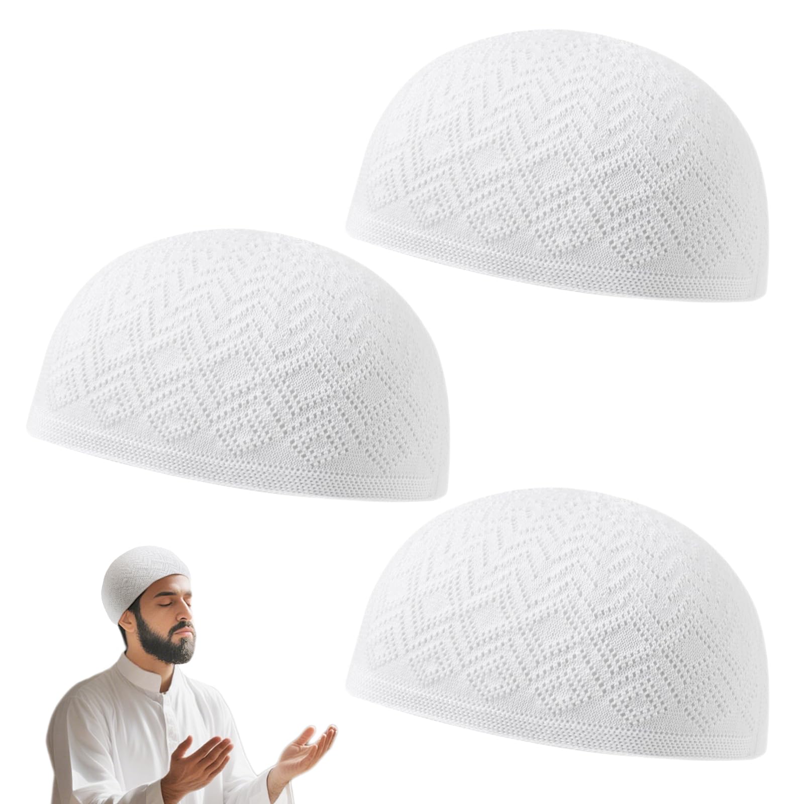 SAIIURV 3 Pieces Men Skull Cap Muslim Islamic Prayer Hat Topi Kufi Head Wear Clothing in White Adult Crochet Taqiyah Takke Headwear Prayer Cap (UK, Alpha, M, L, 3 pcs)