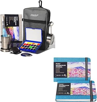 Funto Mini Watercolor Bundle, All-In-One 24-Color Travel Paint Kit with 3.5x5.5, 2 Pack, 48 Pages Each Watercolor Journal