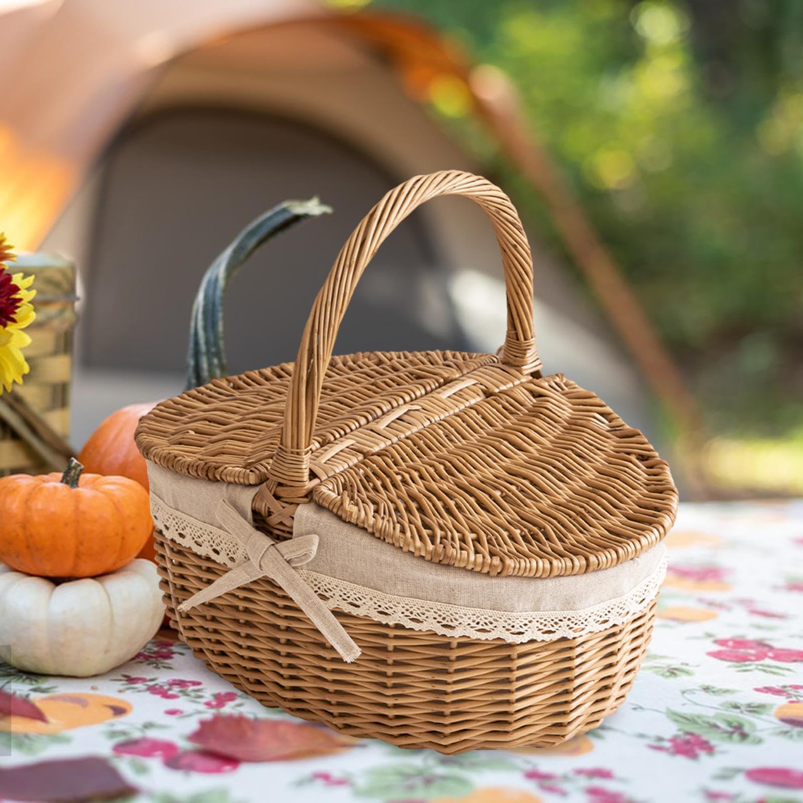 perfk Panier en Osier Panier de Pique-Nique en Osier Panier à Jouets Mignon pour Enfants avec Doublure Lavable Panier de Pique-Nique de Remerciement de, 26cmx18cmx13cm