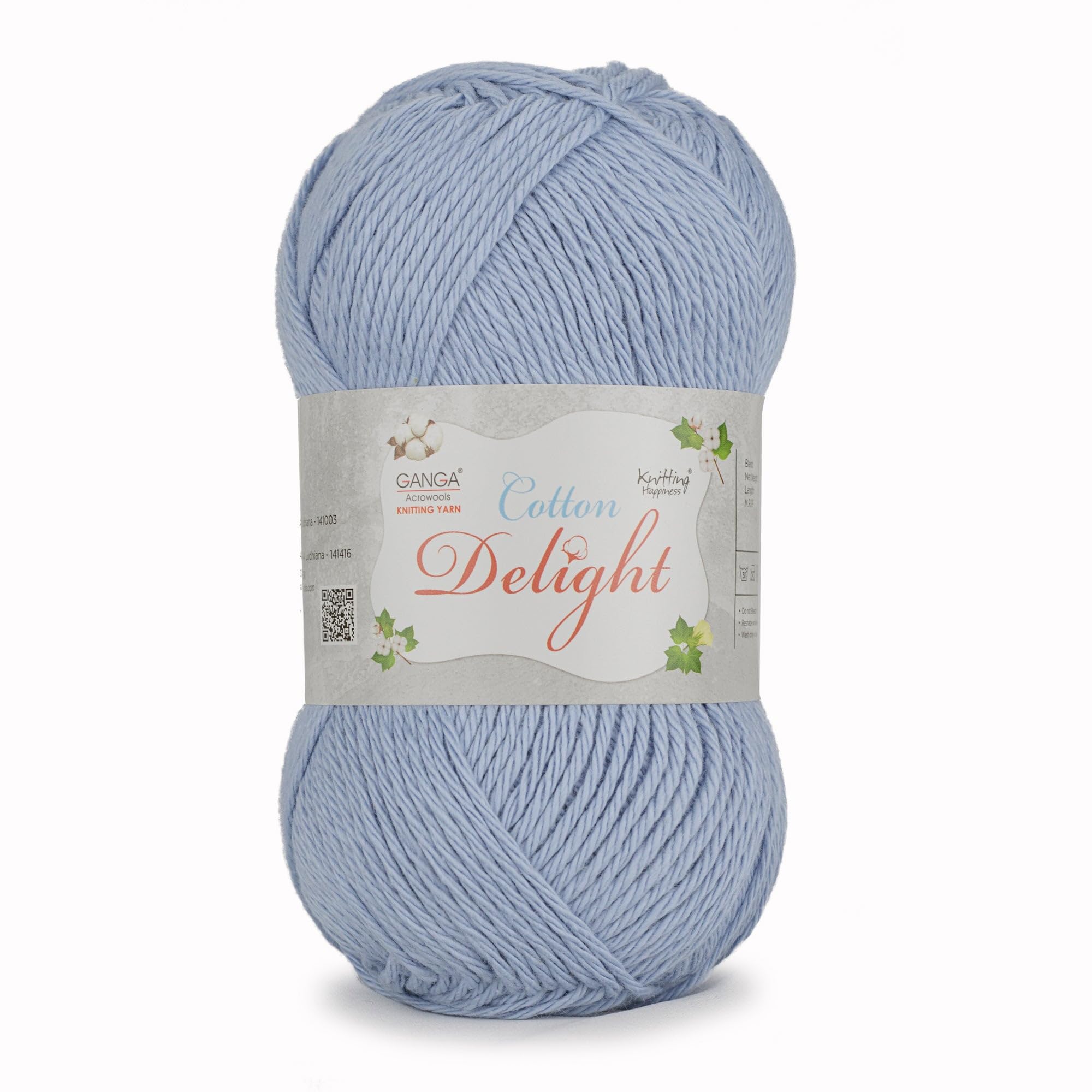 Ganga Acrowools Cotton Delight, Dk Weight Cotton Yarn, Oekotex Class L Certified 100G, 169M COD022 Heathered Blue