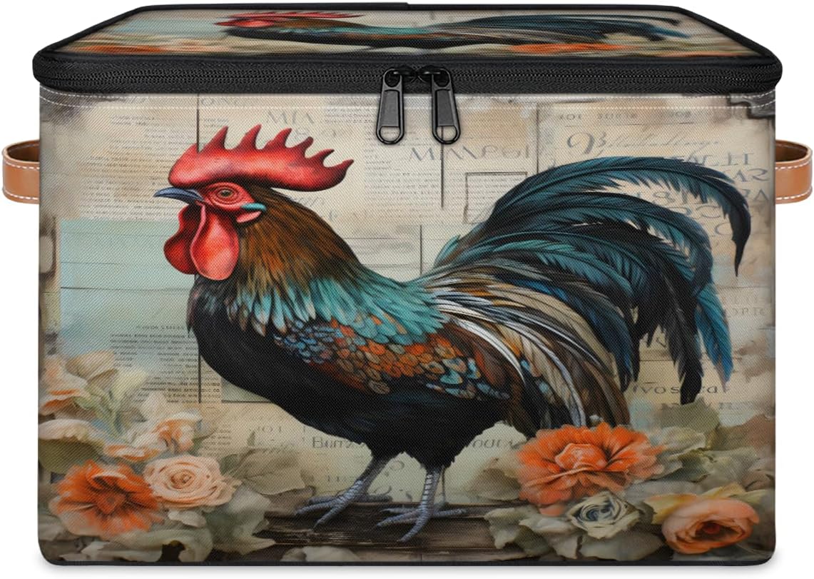 Storage Bin Set of 2 Vintage Rooster Storage Basket with Zipper Lid & Handle Foldable Closet Shelf 2 Pack Cloth Organizer Basket Cube Bins Clothes Organizer for Bedroom, Nursery