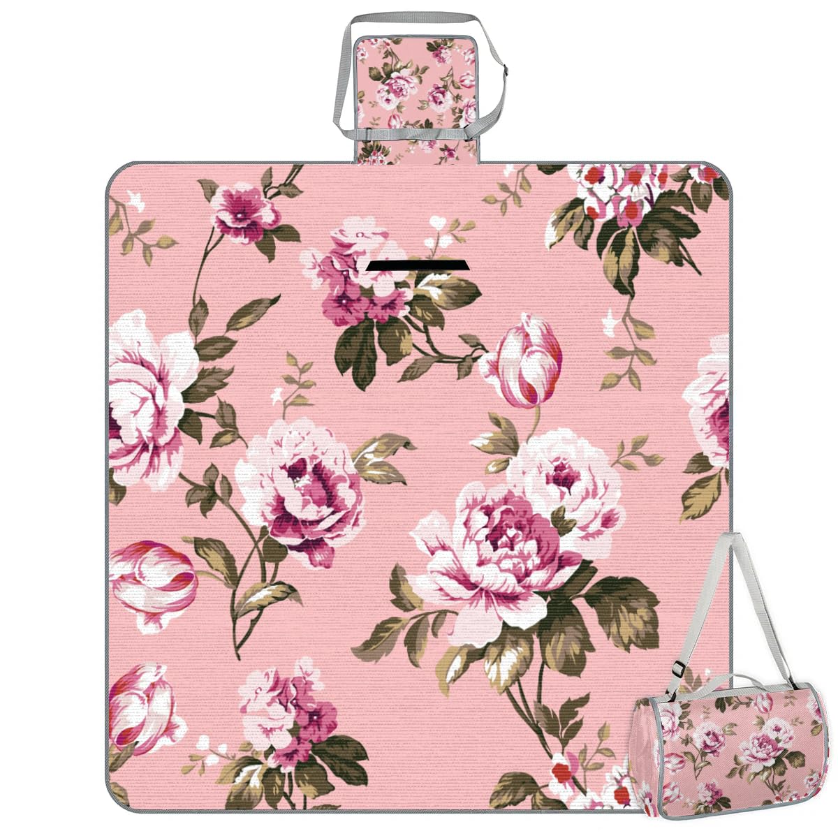 Mantas de picnic de 150 x 145 cm, color rosa, vintage, plegable, para exteriores, playa, impermeable, para familia, playa, camping, senderismo, picnic