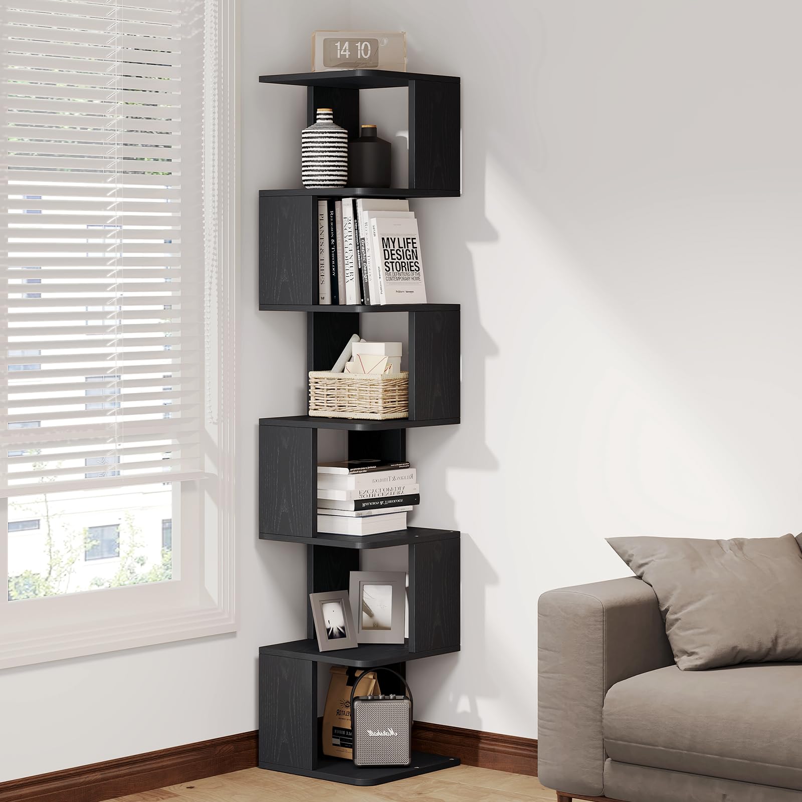 YITAHOME 70.9 Inch Tall Narrow Bookshelf, Modern Black Corner Bookcase, 6 Tier Cube Open Display Book Shelves for Bedroom, Home Office, Living Room