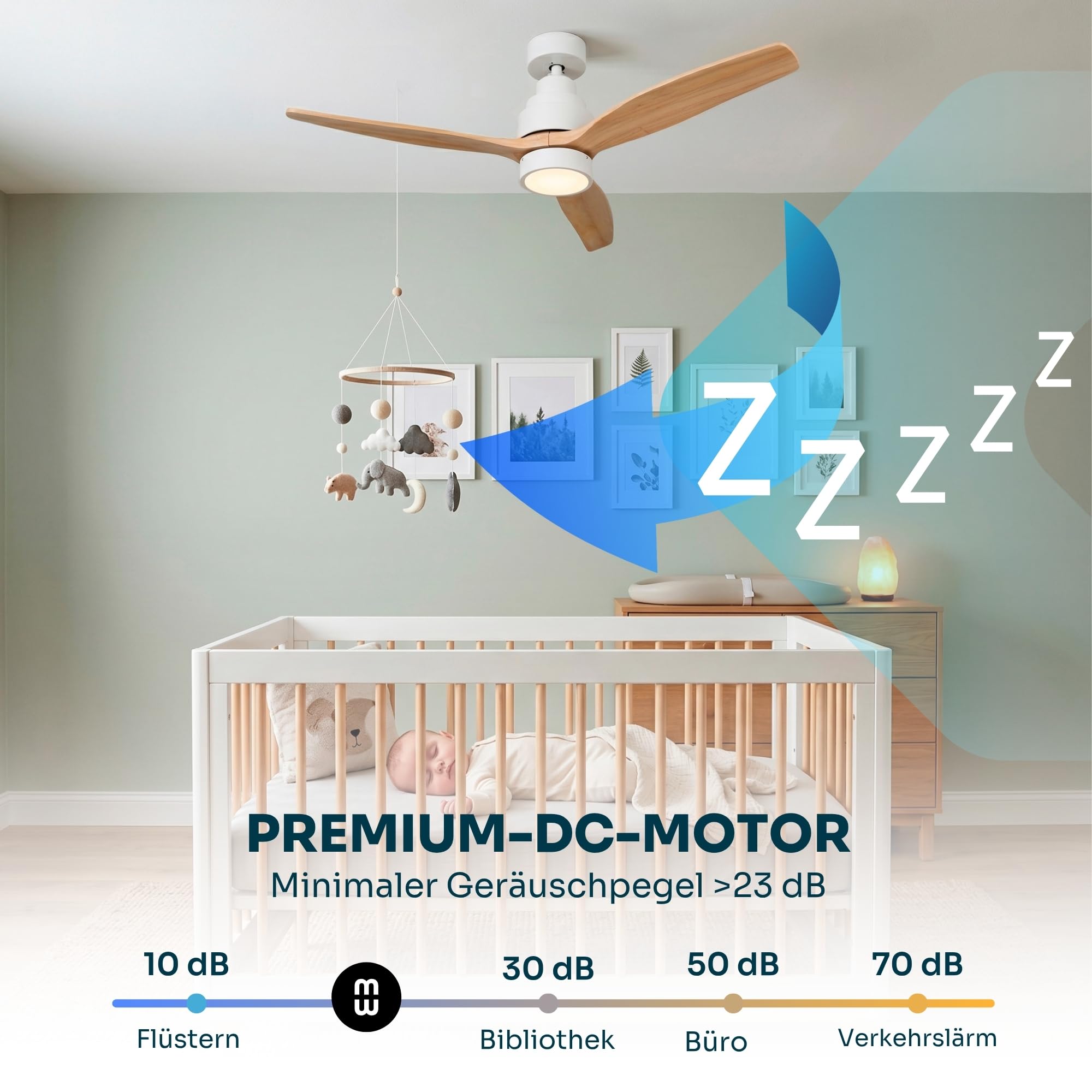Mellerware - Deckenventilator mit Fernbedienung Brizy Bright | 45 W | 6 Geschwindigkeiten | Ultra leise | 3 Flügel 132 Durchmesser | Sommer-Winter-Funktion | Timer | LED | Lightwood