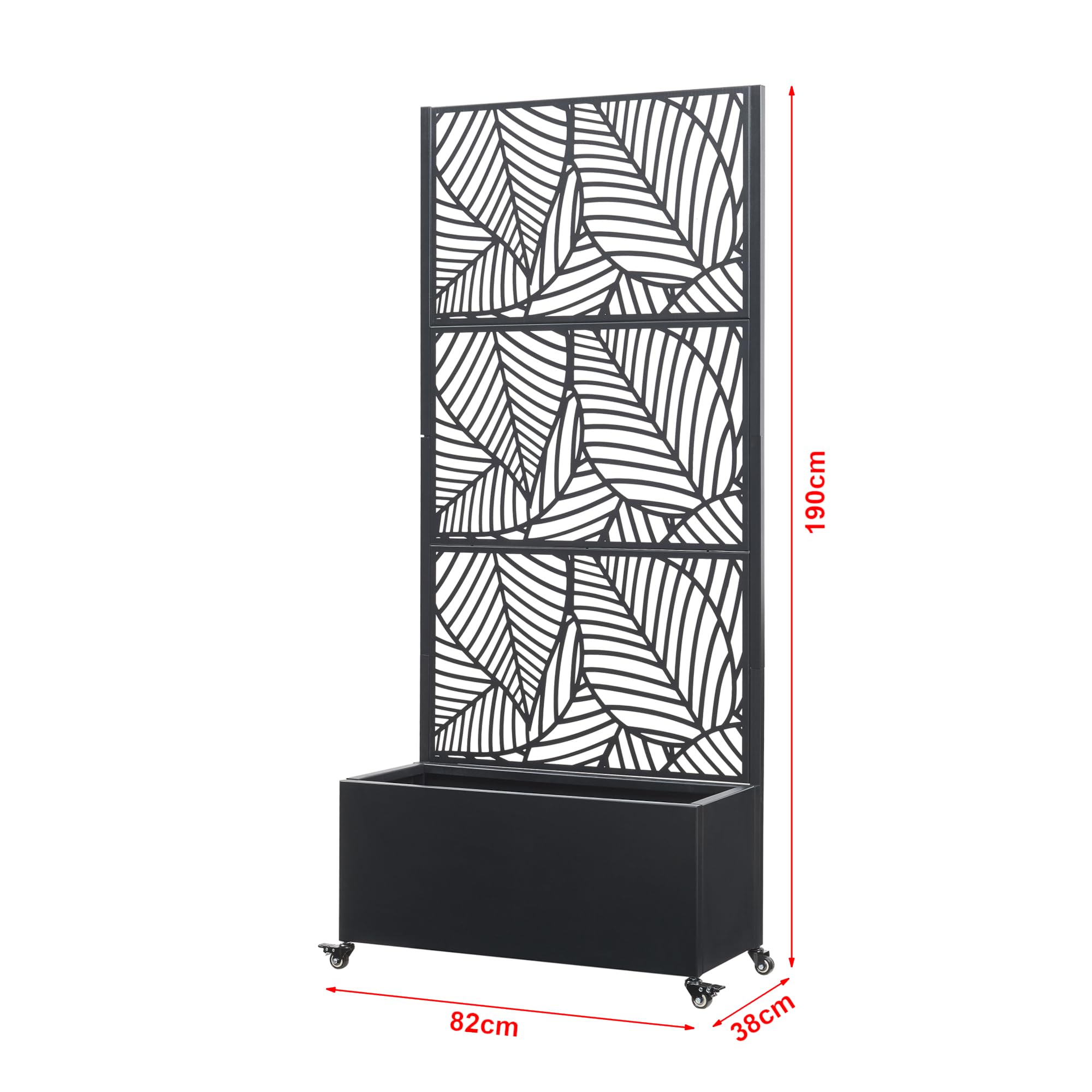 casa.pro Cloison Surnskoki avec Bac à Fleurs Paravent Clôture avec Jardinière pour Extérieur Intérieur Jardin Terrasse Brise-Vue avec 4 roulettes Acier Galvanisé 190 x 82 x 38 cm Noir