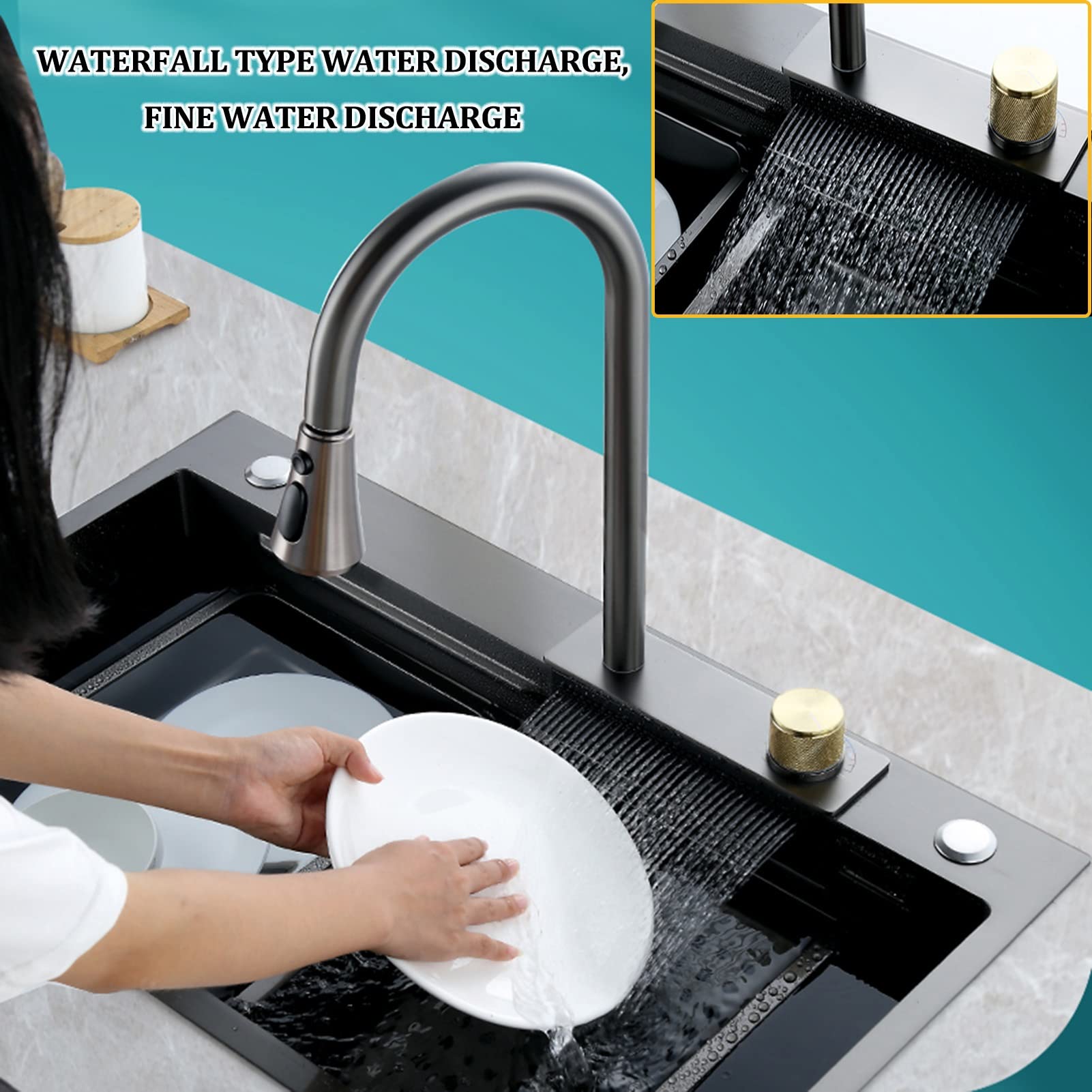 Lavello Da Cucina, Nuovo Lavello A Cascata In Acciaio Inossidabile, Lavello Da Cucina, Lavello Da Postazione Di Lavoro A Vasca Singola, Con Lavatrice/Nero-Grigio/68 * 45 -Black-grey-75*45*22Cm