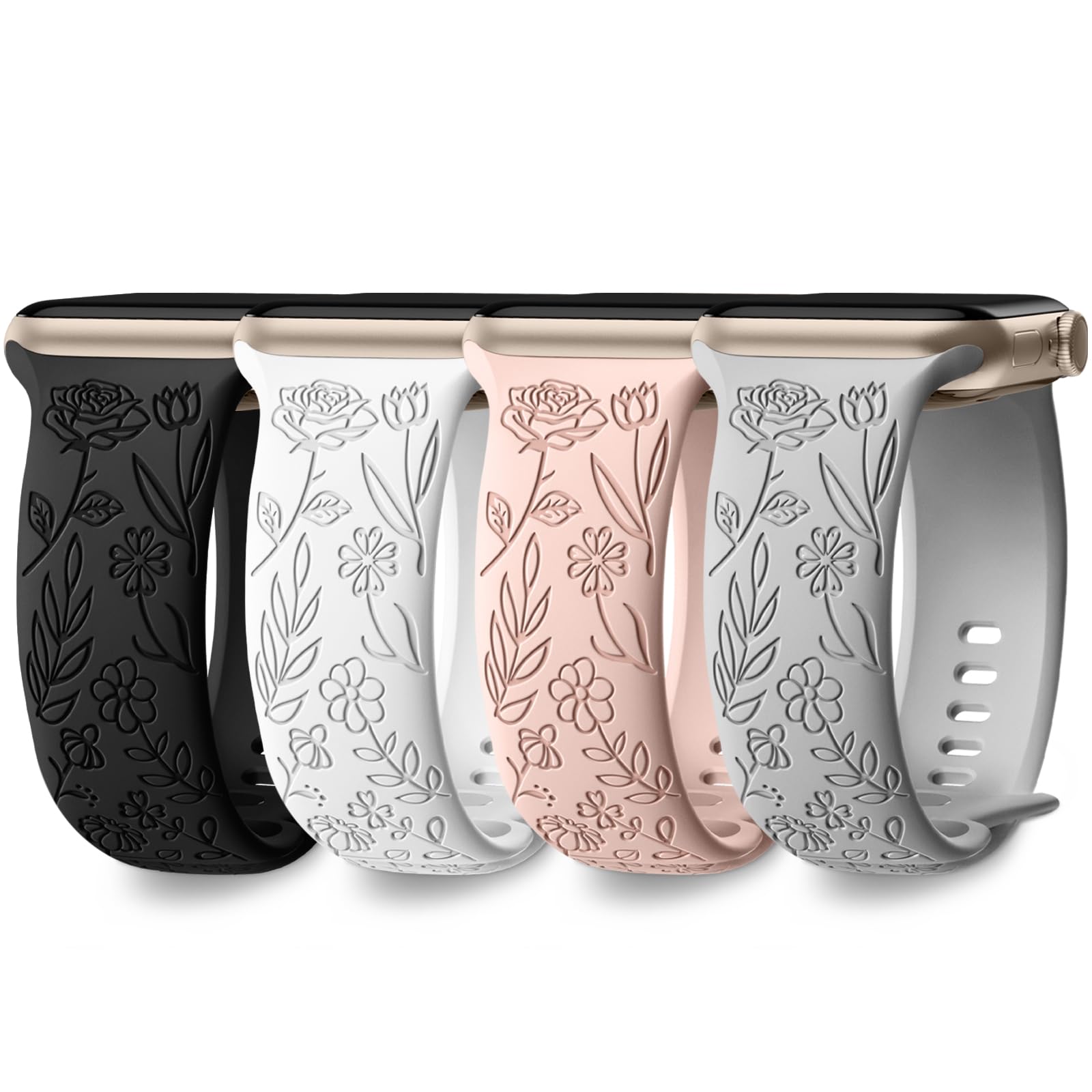 DaQin 4 Pack Floral Engraved Bands Compatible with Apple Watch Band for Women 40mm 41mm 42mm 44mm 45mm 46mm 38mm 49mm, Cute Silicone Flower Pattern