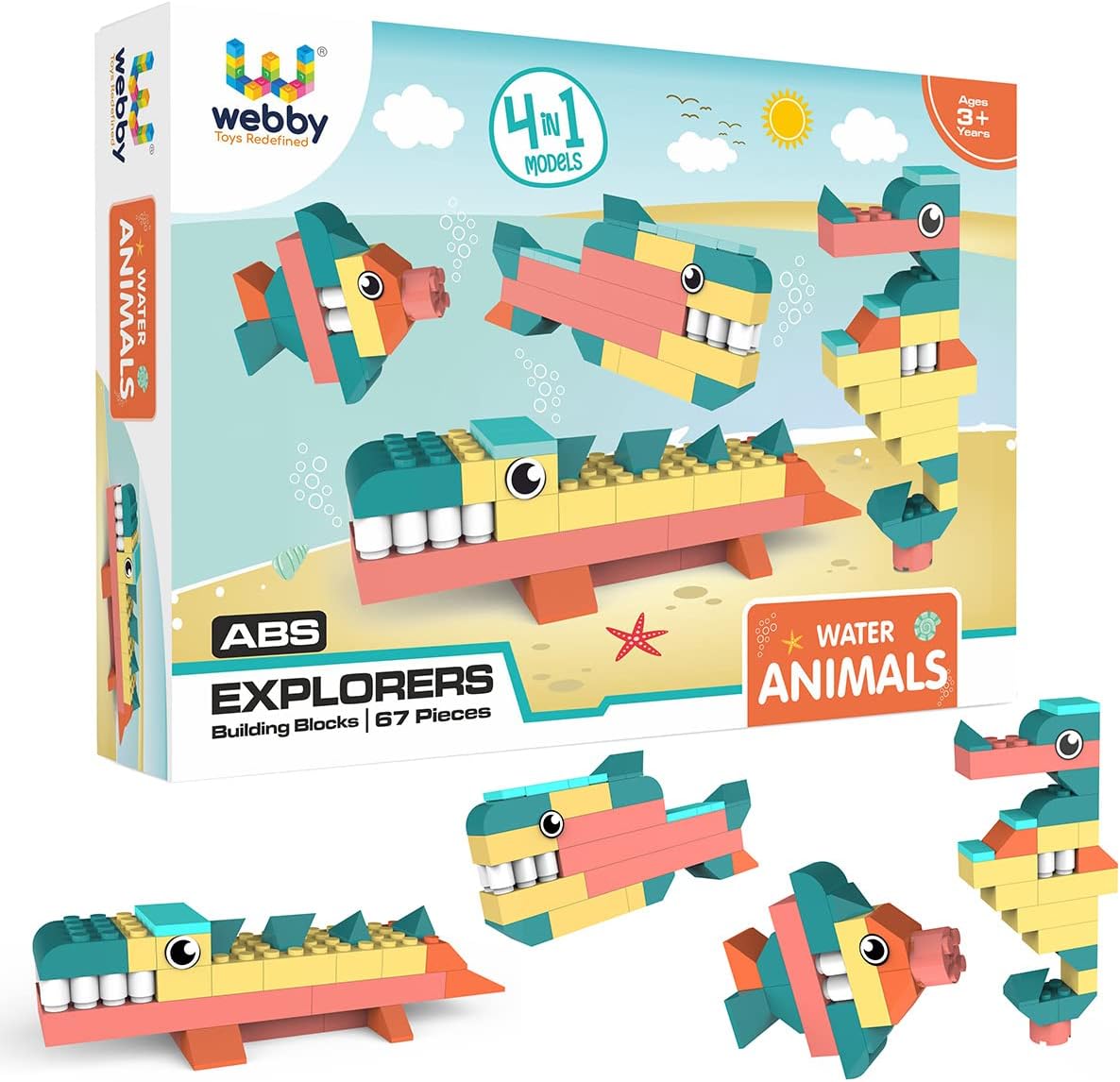 Webby 4 in 1 Water Animals ABS Building Blocks Kit, Educational Building Blocks Fun Creative Toy Set for Kids (67 Pcs) Multicolor