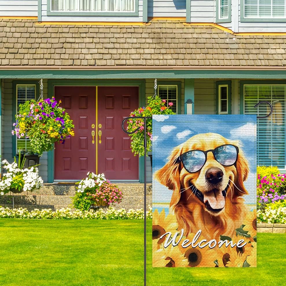 Miniatura 3 de Balgardekor Bandera de jardín Golden Retriever de perro de verano de doble cara, lentes de sol de bienvenida para playa, piscina, girasol,