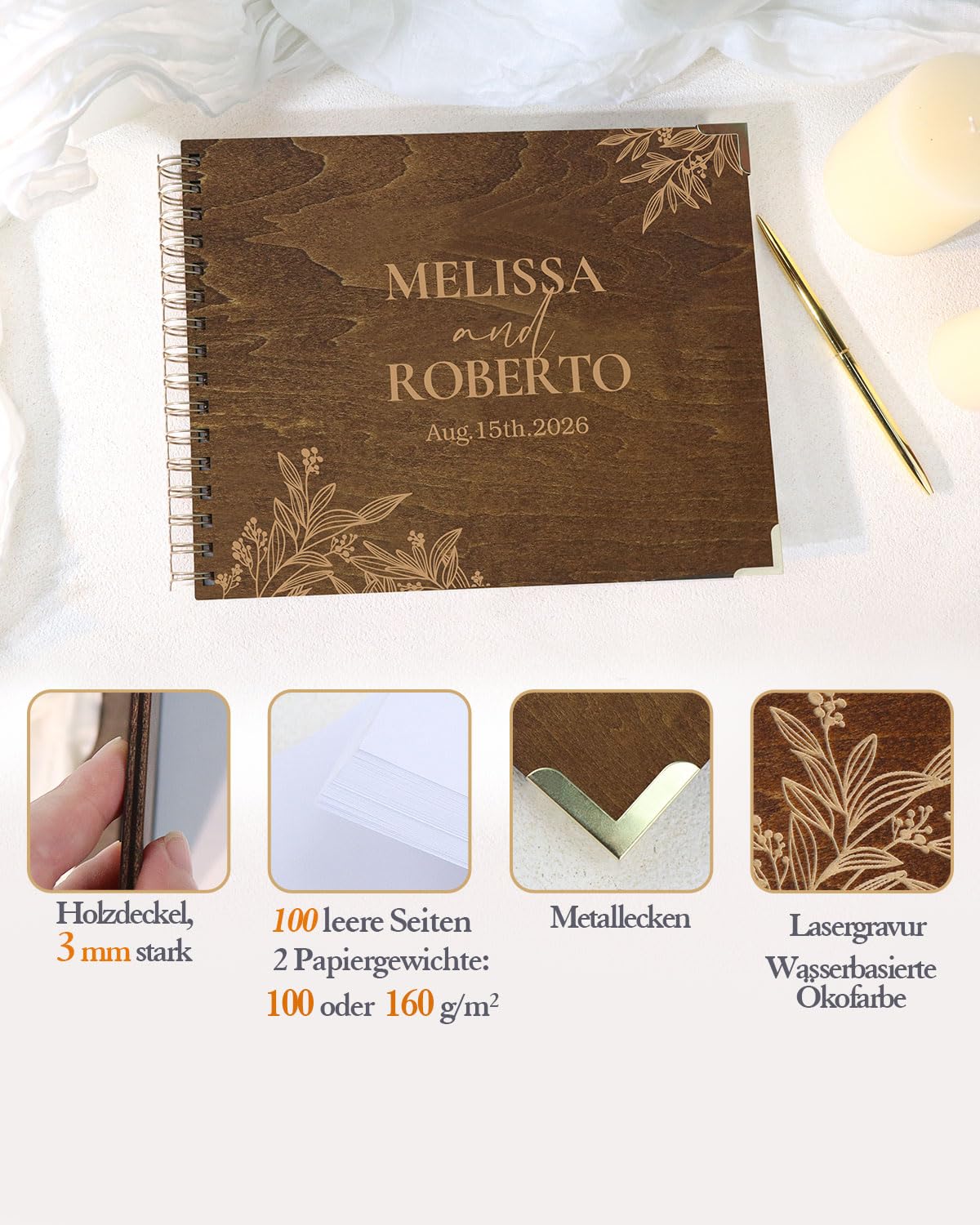Personalisiertes hölzernes Gästebuch mit Tischschild, 100 leere Seiten, 27,4 x 21,3 cm, Spiralbindung, Polaroid-Schild im Buch für Hochzeit, Party, Jahrestag, Beerdigung, Geburtstag