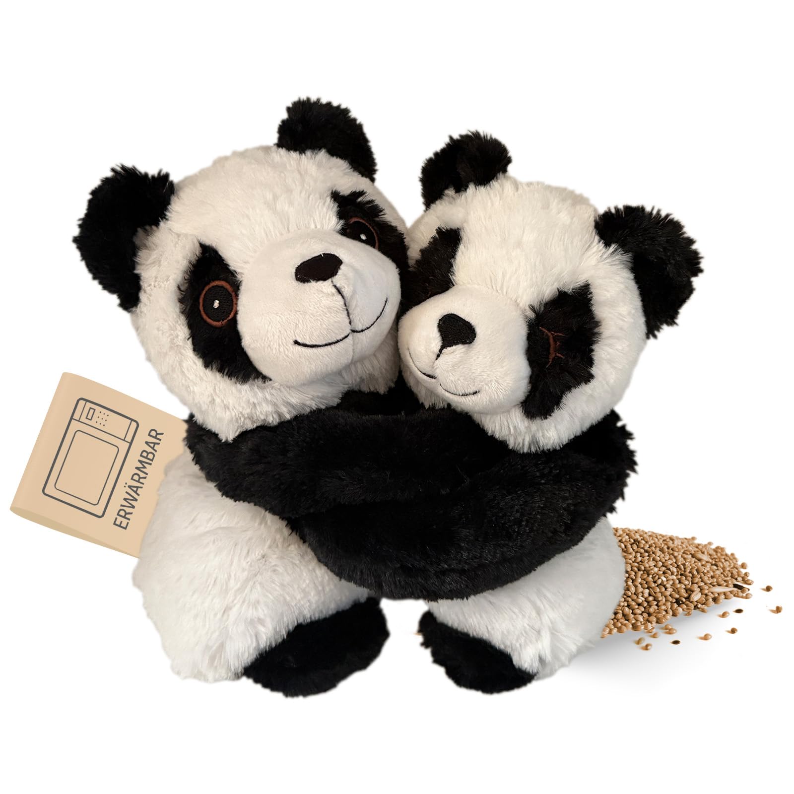 Habibi Premium Wärmekissen/Stofftier f. Kinder+Erwachsene – 2040 Hugys Panda Mama + Kind Kuschelfreunde 2er Set, herausnehmbare Hirsefüllung, zum Erwärmen i.d. Mikrowelle/Backofen (schwarz/weiß)