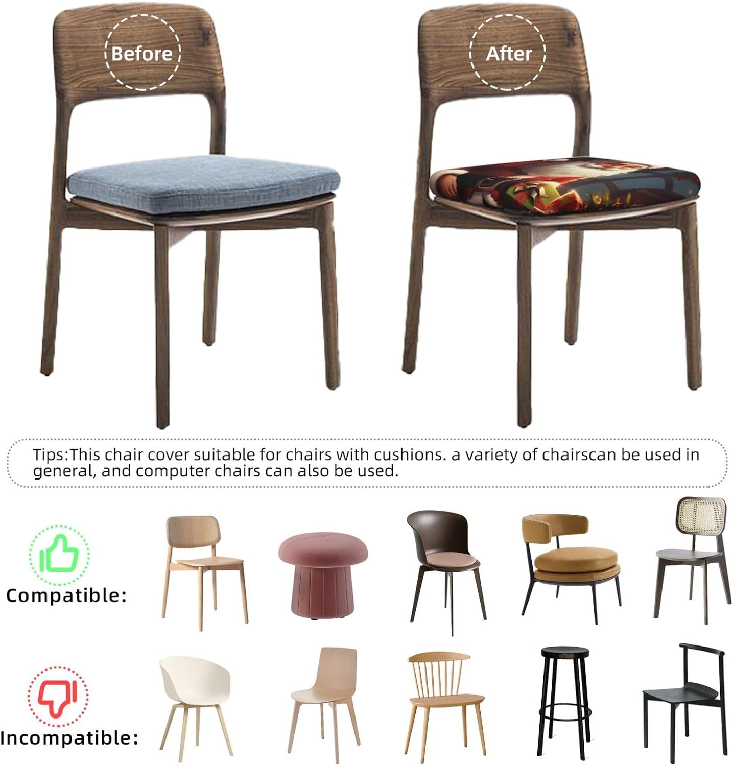 6PCS Stretch Seat Covers Set, high Definition Chair Covers for Dining Room, Square Chair Seat Slipcovers with Ties, Removable Washable Dining Chair Protector Seat Cover for Kitchen Office