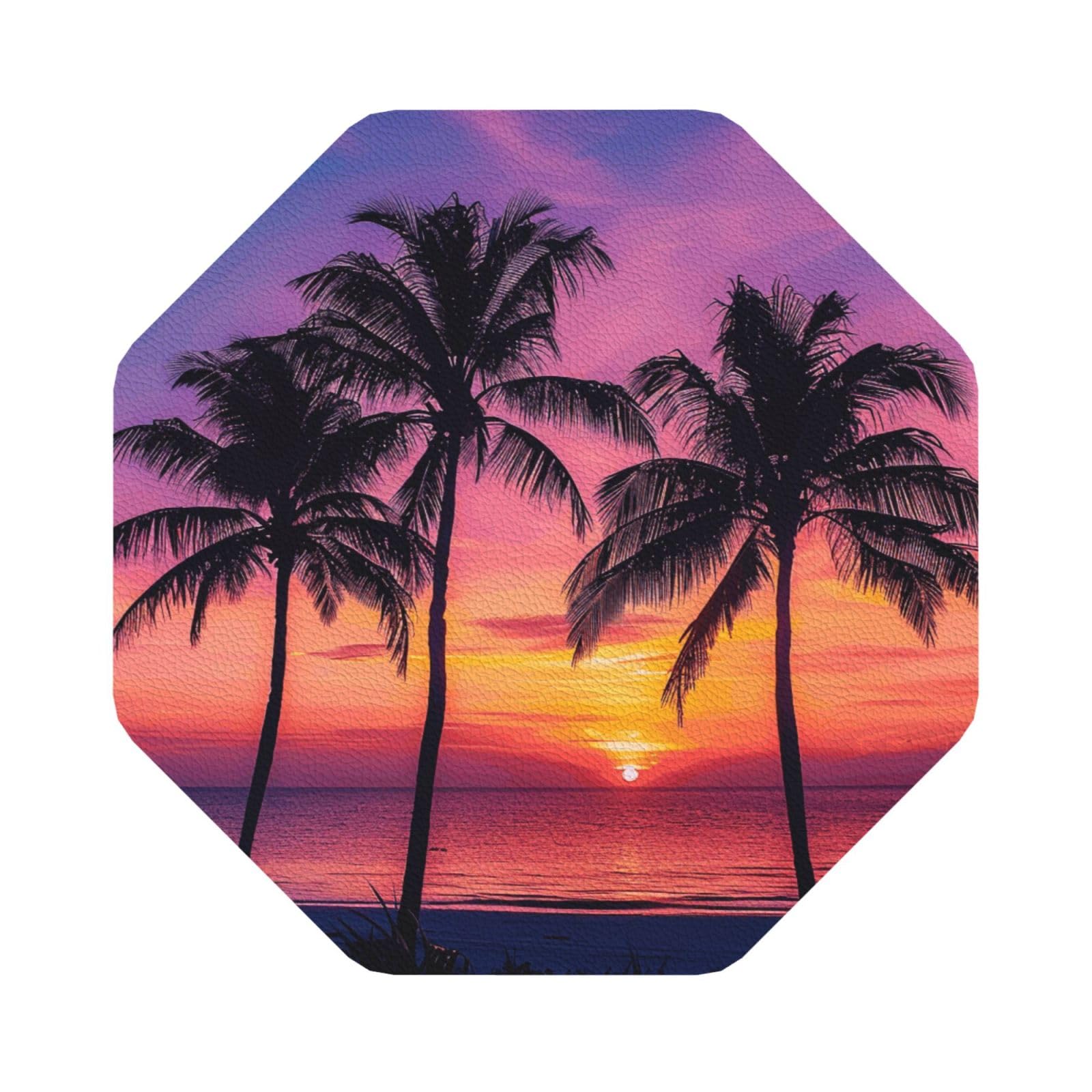 Palm Trees Silhouette at Sunset Print Leather Coaster Set of 6, Octagon Coasters Table Decorative Coffee Cup Beverage Coasters Wine Beer Bar Coasters for Hot Drinks Table Protection