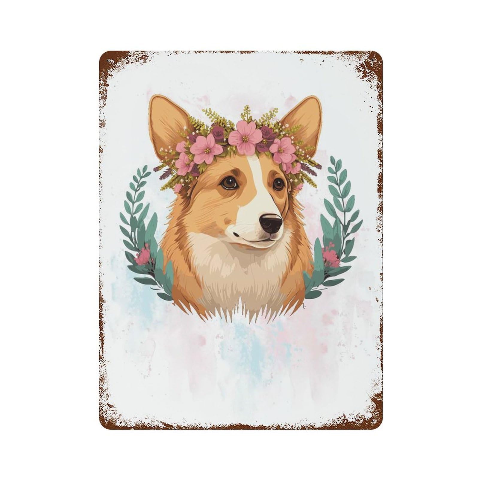 Flower Corgi Watercolor Rust Effect Tin Sign 15.7"x11.8", for Bistro, Counter And Cafe Decor, Decorative Metal Wall Art