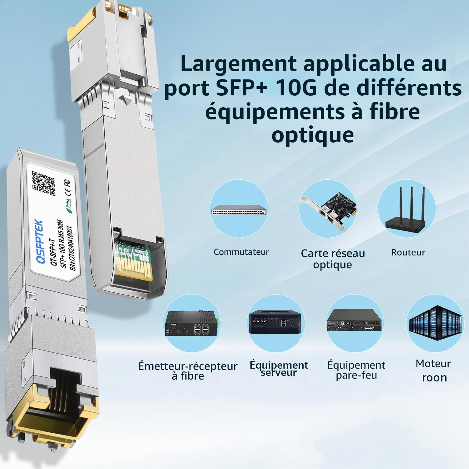 QSFPTEK (2Pack) 10GBase-T RJ45 SFP+ 30m Cuivre Module 10G SFP+ RJ45 Mini-GBIC SFP+ vers RJ45 pour Cisco SFP-10G-T-S, Ubiquiti UF-RJ45-10G, Netgear, Mikrotik, jusqu'à 30m