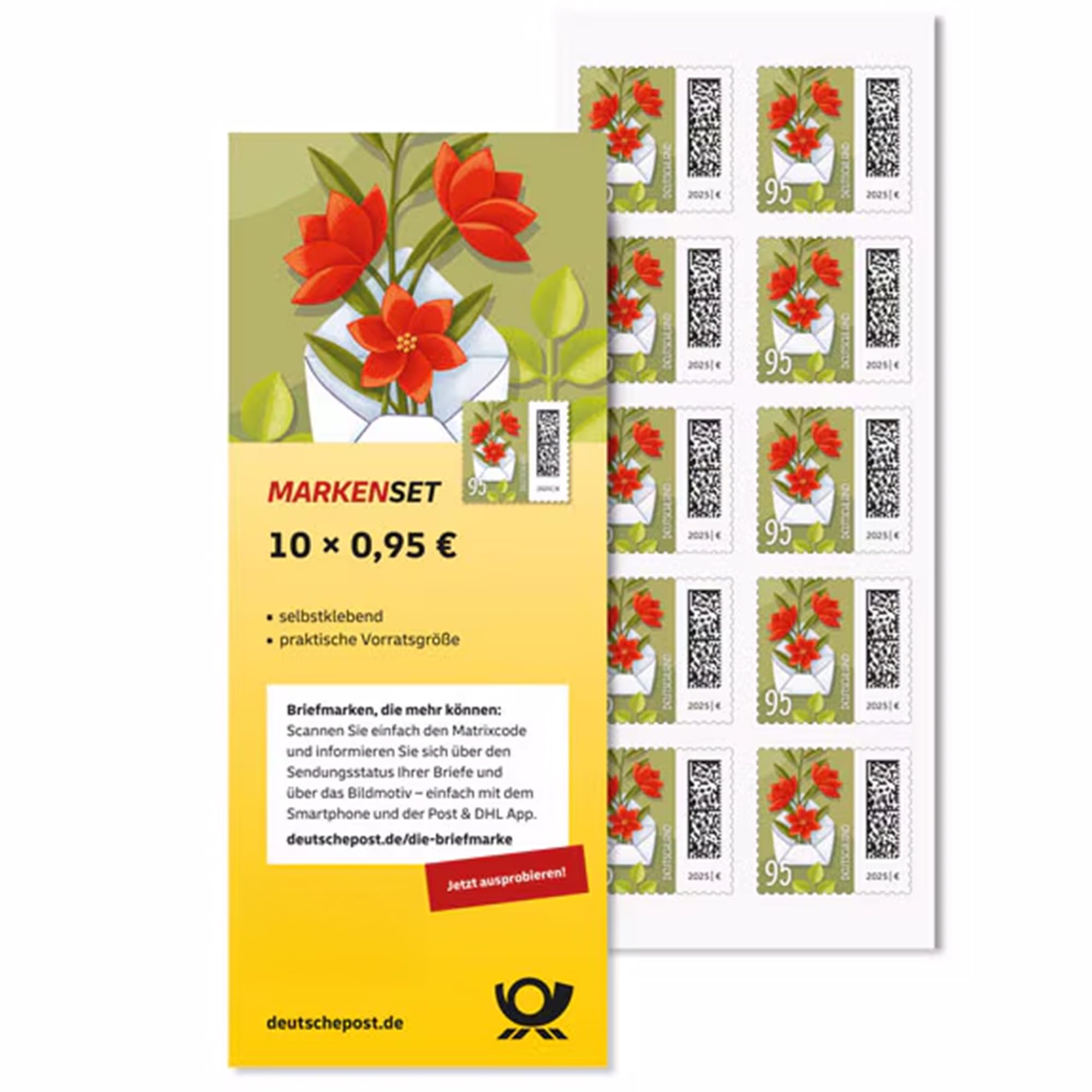 DEUTSCHE P0ST - 10x francobolli autoadesivi da 0,95€, per lettere standard fino a 20 g e cartoline, incluse 10 buste DIN lungo
