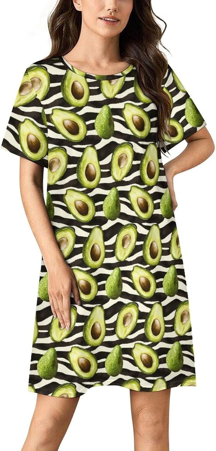 Avocado Zebra Stripes Pattern Nightgowns for Women Short Sleeve Sleep Dress Casual Sleepshirt Night Gowns Pajamas