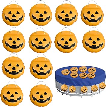 12PCS Halloween Pool Cover Weights Water Bag Winter Antifreezing Heavy Duty Pool Cover Hanging Weights Pillow Pumpkin Head Windproof Tarp Water Bag with Hook for Above Ground Swimming Pool Closing Kit