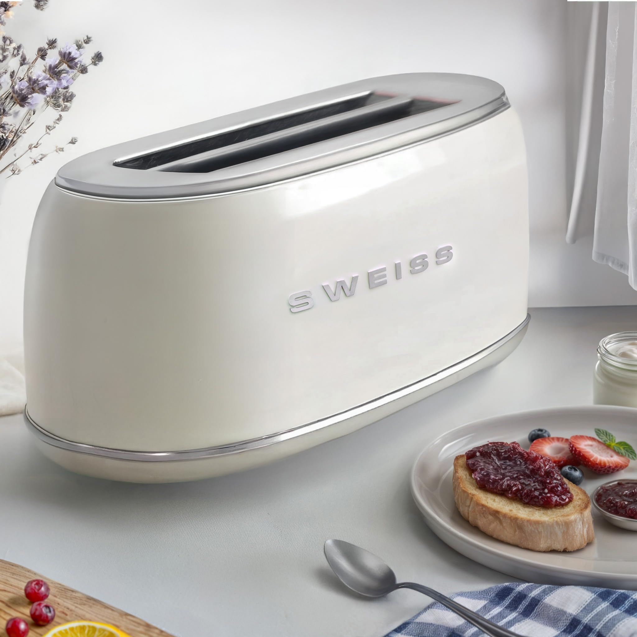 SWEISS Grille Pain Toaster GRV8 vintage, 2 Fentes, 6 Niveaux de puissance, Décongélation, Spécial Baguettes, Rapide et Uniforme, Nettoyage Facile, Tiroir ramasse-miettes, Beige, 1500 W