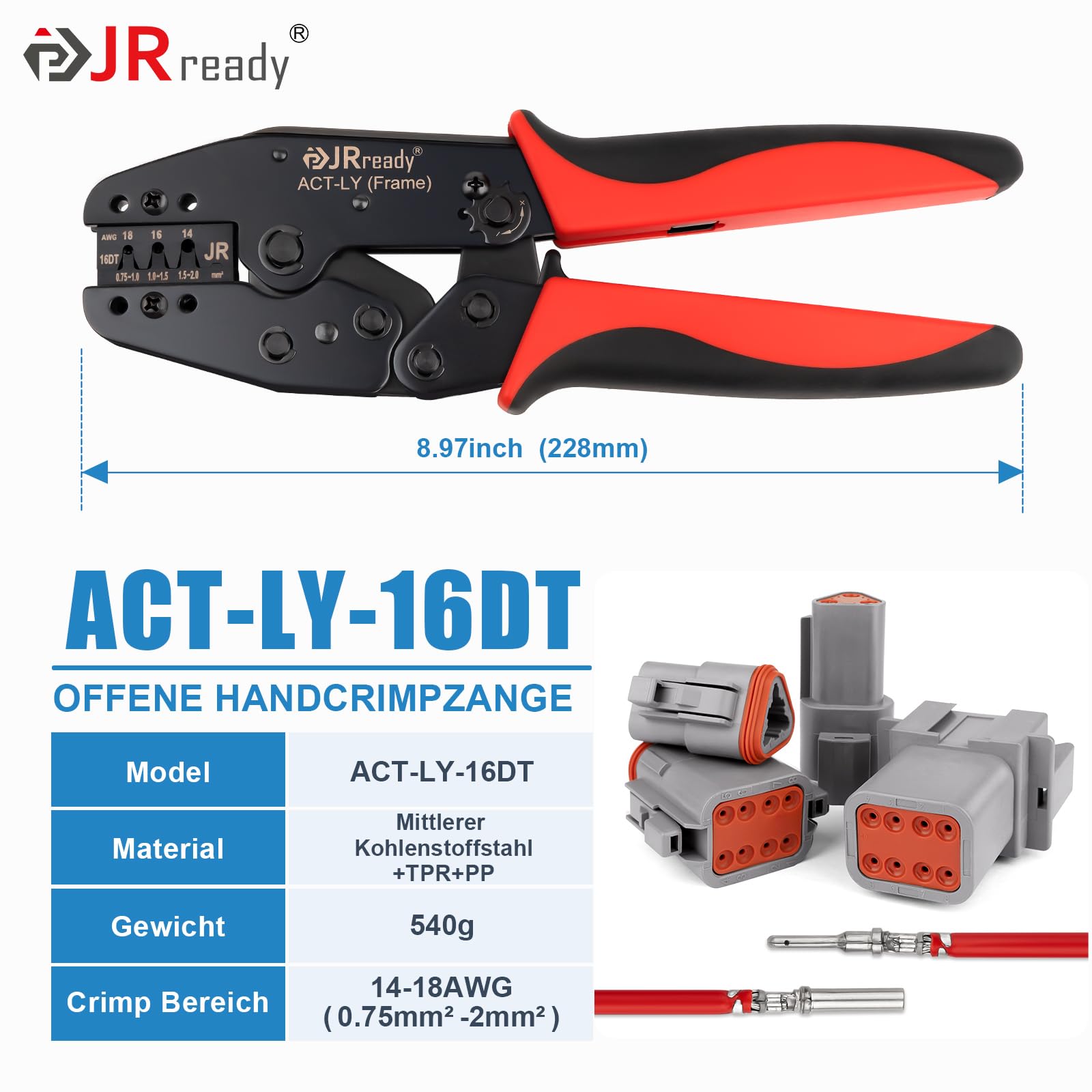 JRready ACT-LY-16DT Alicates de crimpado alemán para conector DT Kit de terminales troquelados alemanes Material de acero de alto endurecimiento Crimpadora Alicates de crimpado alemán Tamaño 16