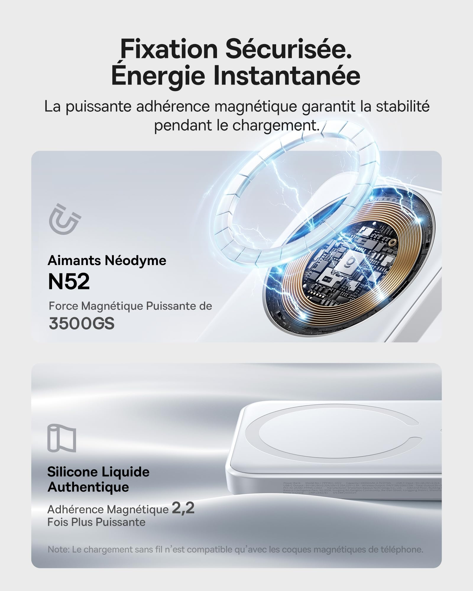 Baseus Enerfill FM11 MagSafe Powerbank 10000mAh 22.5W Batterie Externe Magnétique USB C, Batterie Portable sans Fil Mini Compatible avec iPhone 17/16/15/14/13/12/Pro/Pro Max, Blanc