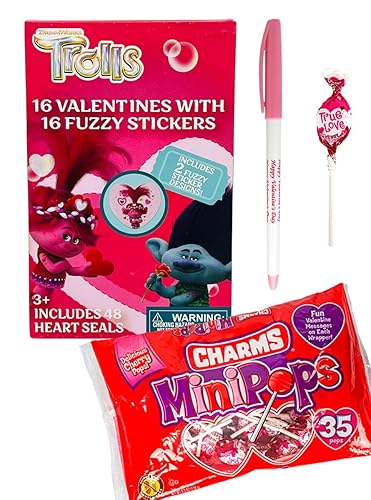 Trolls - 16 tarjetas de San Valentín con dijes, piruletas, minipops, calcomanías peludas, 48 sellos de calcomanías de corazón y (1) paquete de