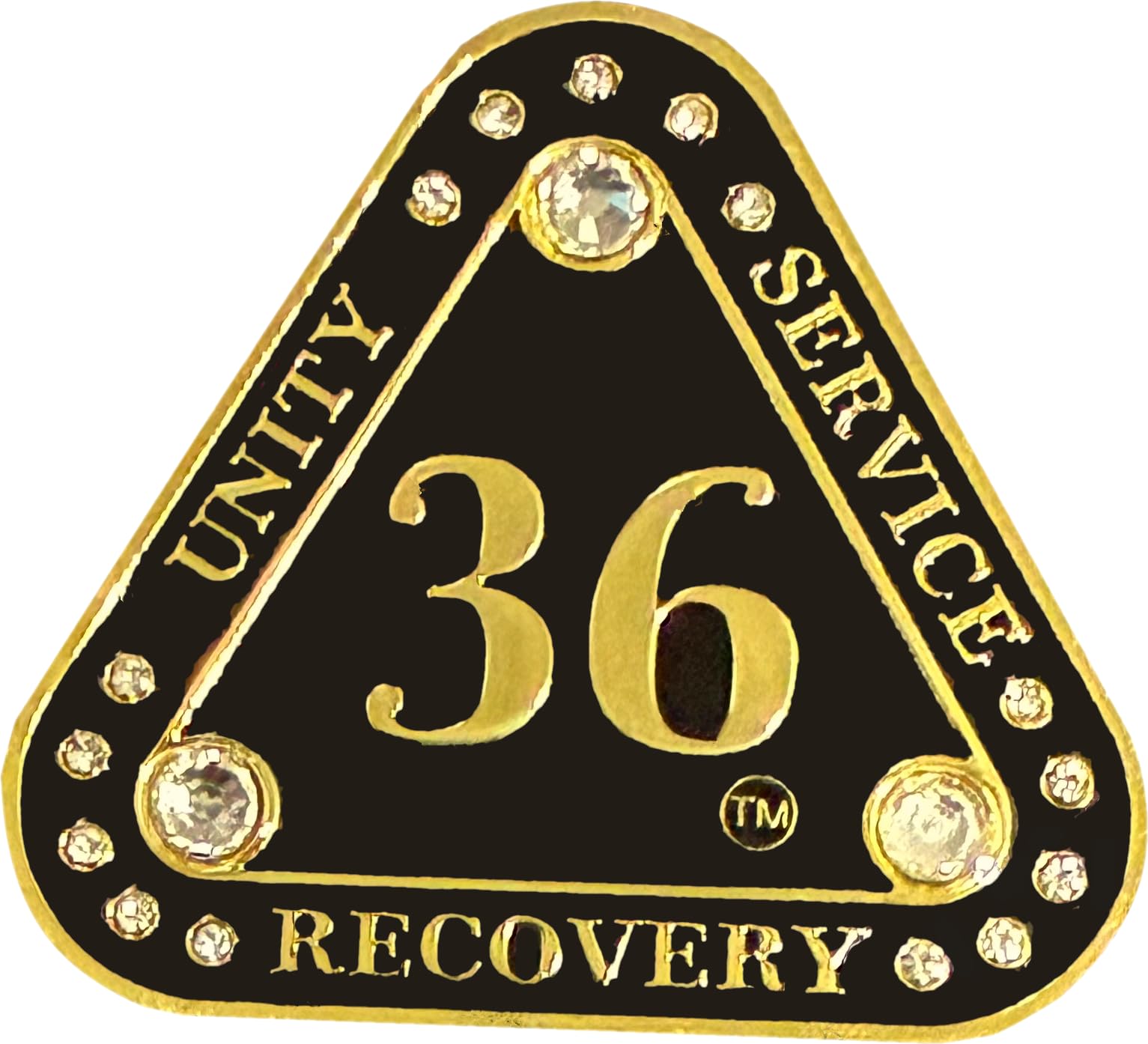 (1-55 Years) AA 36-Year "Midnight Crystals" Triangle Coin - Alcoholics Anonymous Medallion, AA Sobriety Medallion, Triangular Sobriety Chip, Clear Crystals, Golden, Black Rainbow Glitter