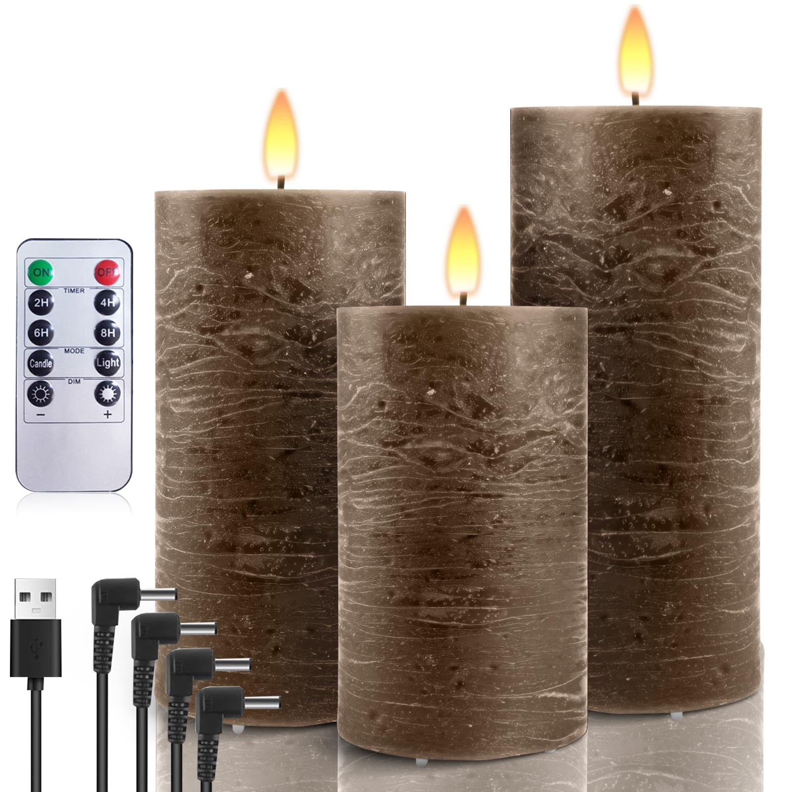 AnnSpa LED Candles 3 Set USB Rechargeable with Remote and Timers, Electric Candle, Led Candle with Remote Control, Flameless Real Wax Pillar Candles for Decoration, Wedding - Brown