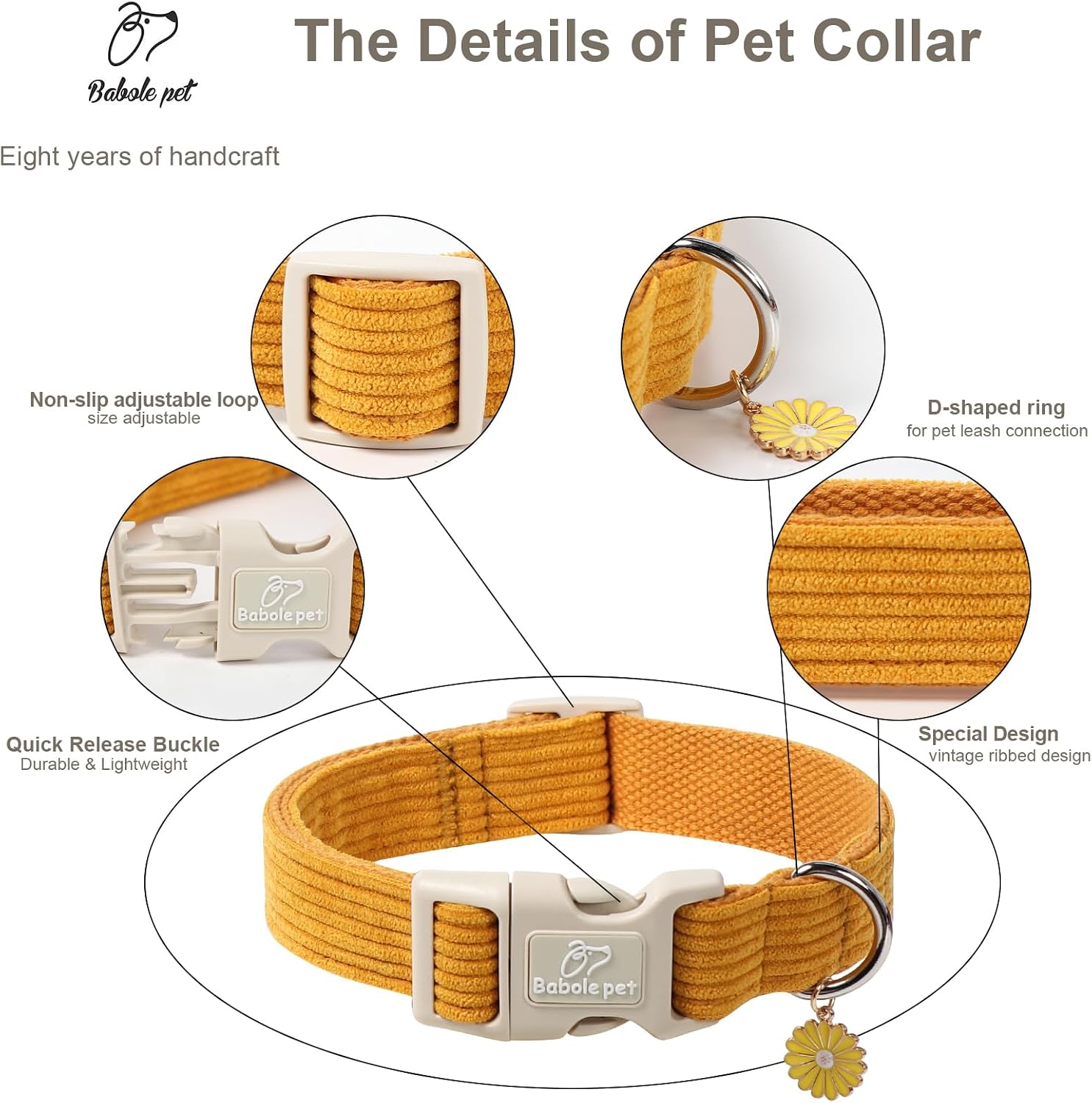 Cute Corduroy Dog Collar - Mustard Yellow Adjustable Dog Collars for Small Dogs 10-25lbs, Fade-Proof with Secure Snap & Little Charm, Christmas Birthday Gift, S image 3
