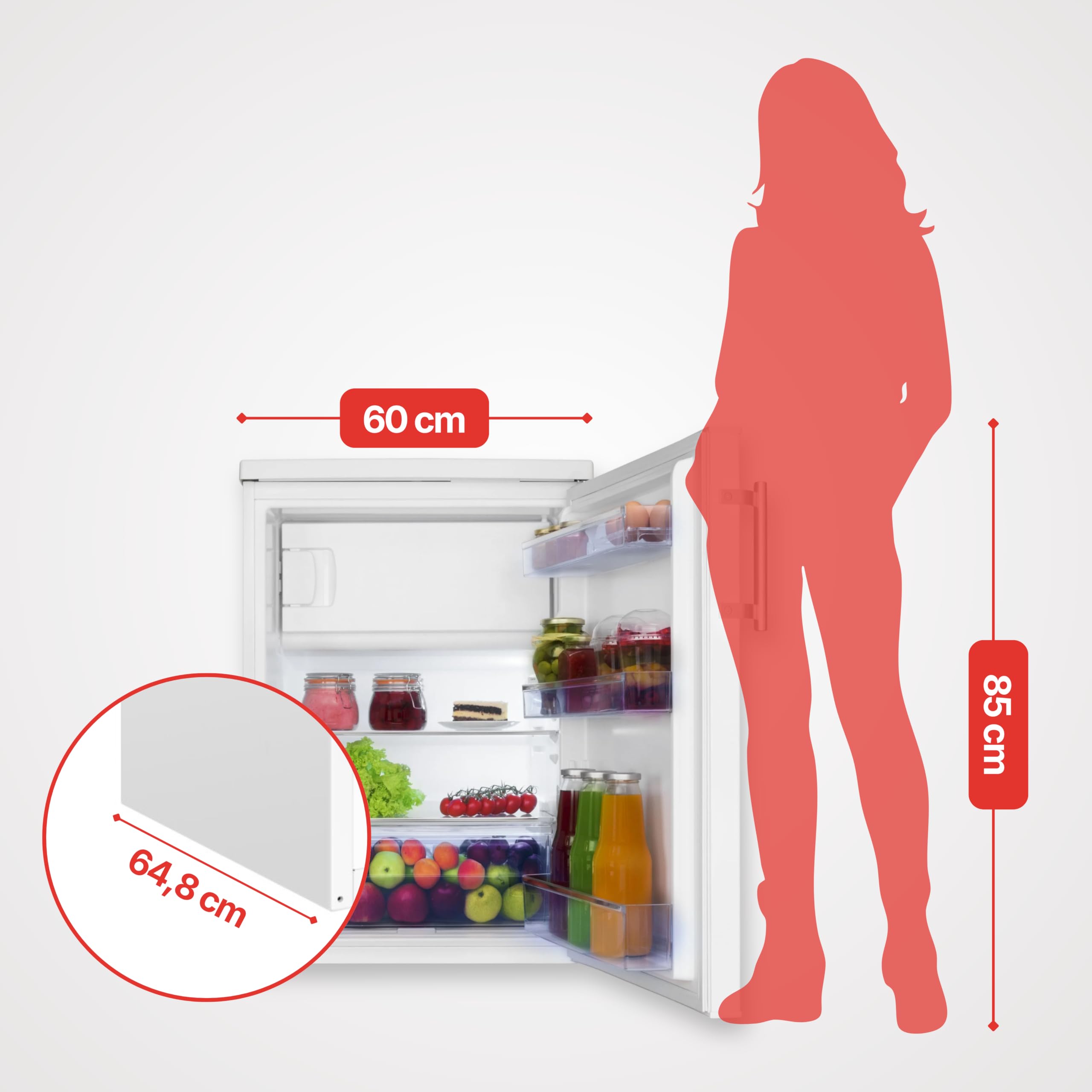 Amica Frigorífico independiente con congelador de 136 l, iluminación LED, estantes de cristal de 85 x 60 x 64,8 cm, frigorífico pequeño blanco