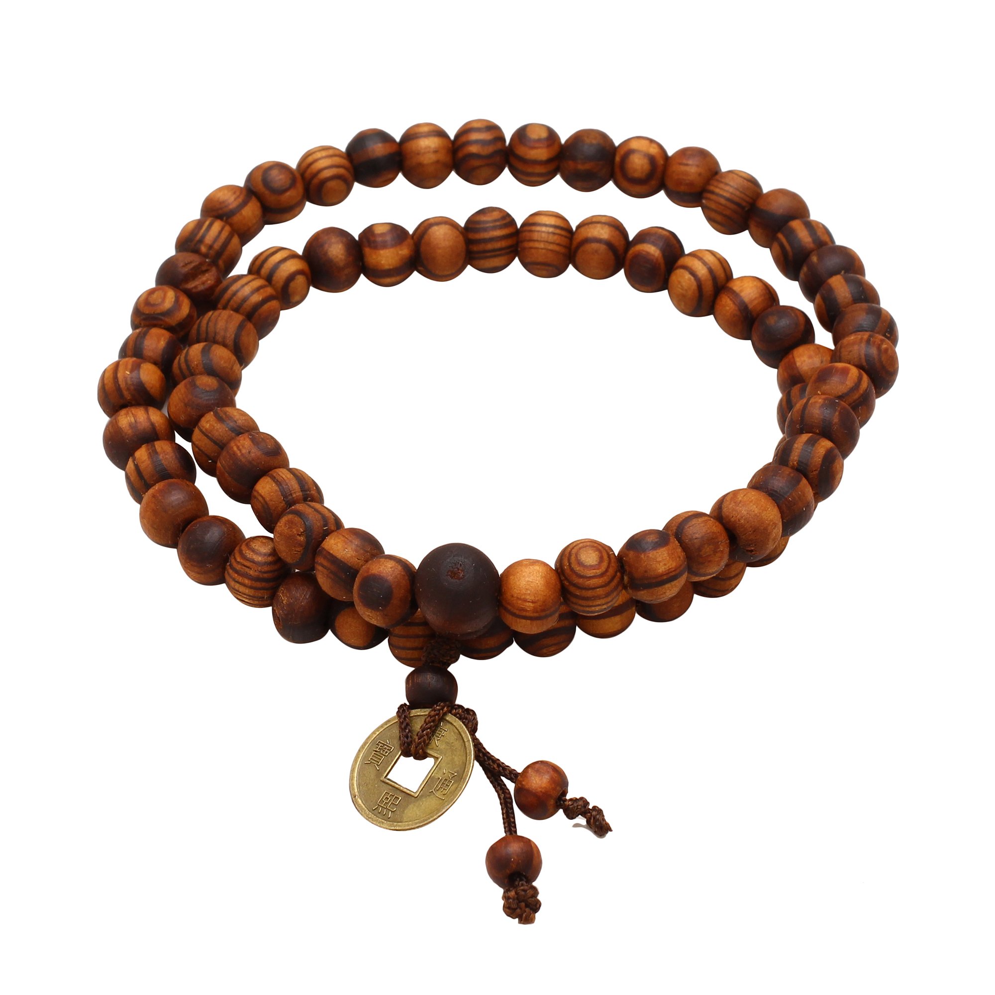 Memoir Striped Tiger eye Teak Wood, long Elastic Rosary dual purpose Fenghui Necklace cum bracelet for good luck NKMI5606