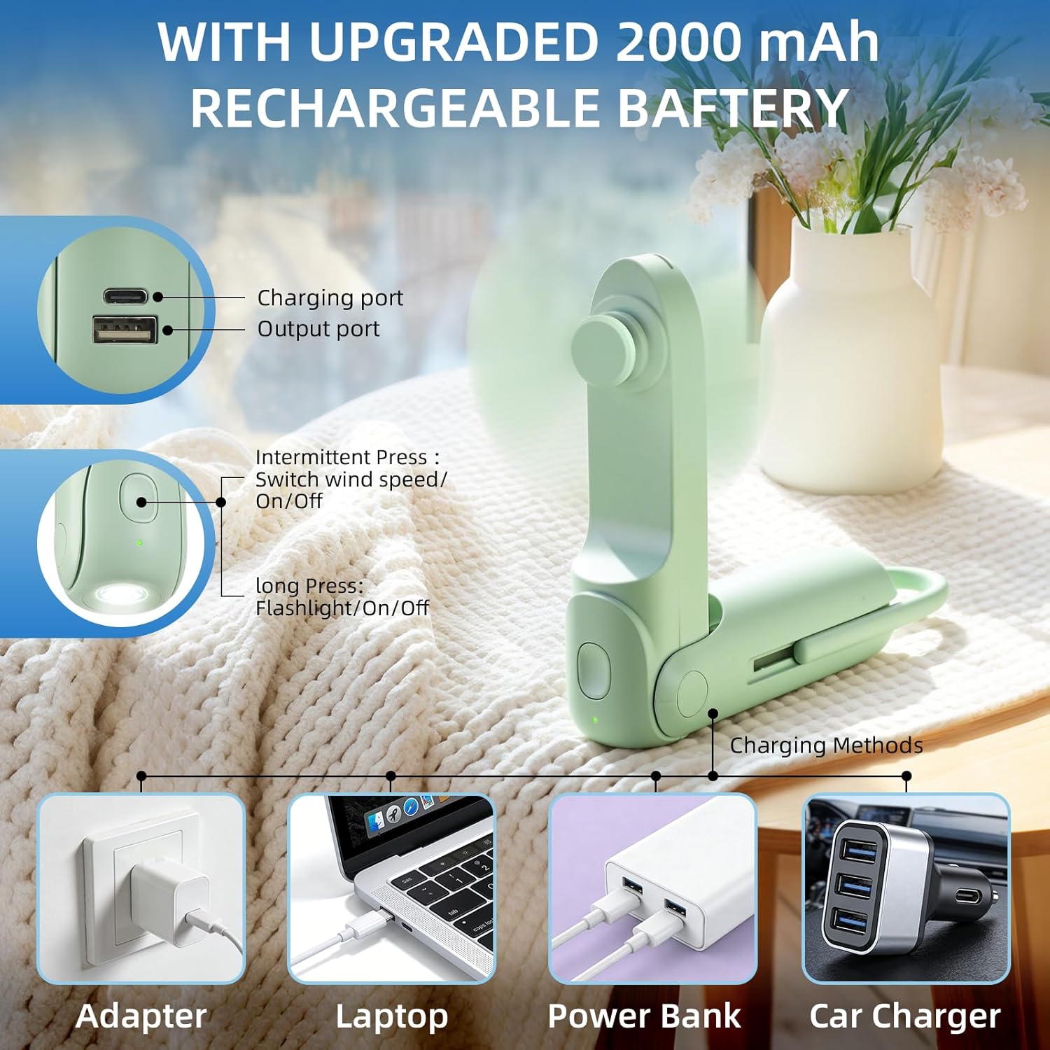 12 Pcs Handheld Fan Foldable Multicolor Hand Fan Portable Mini Fans Bullet Shape 3 Speeds with Power Bank Flashlight Lanyard Small Pocket Fans for Travel Concerts Lash Summer Gifts for Women