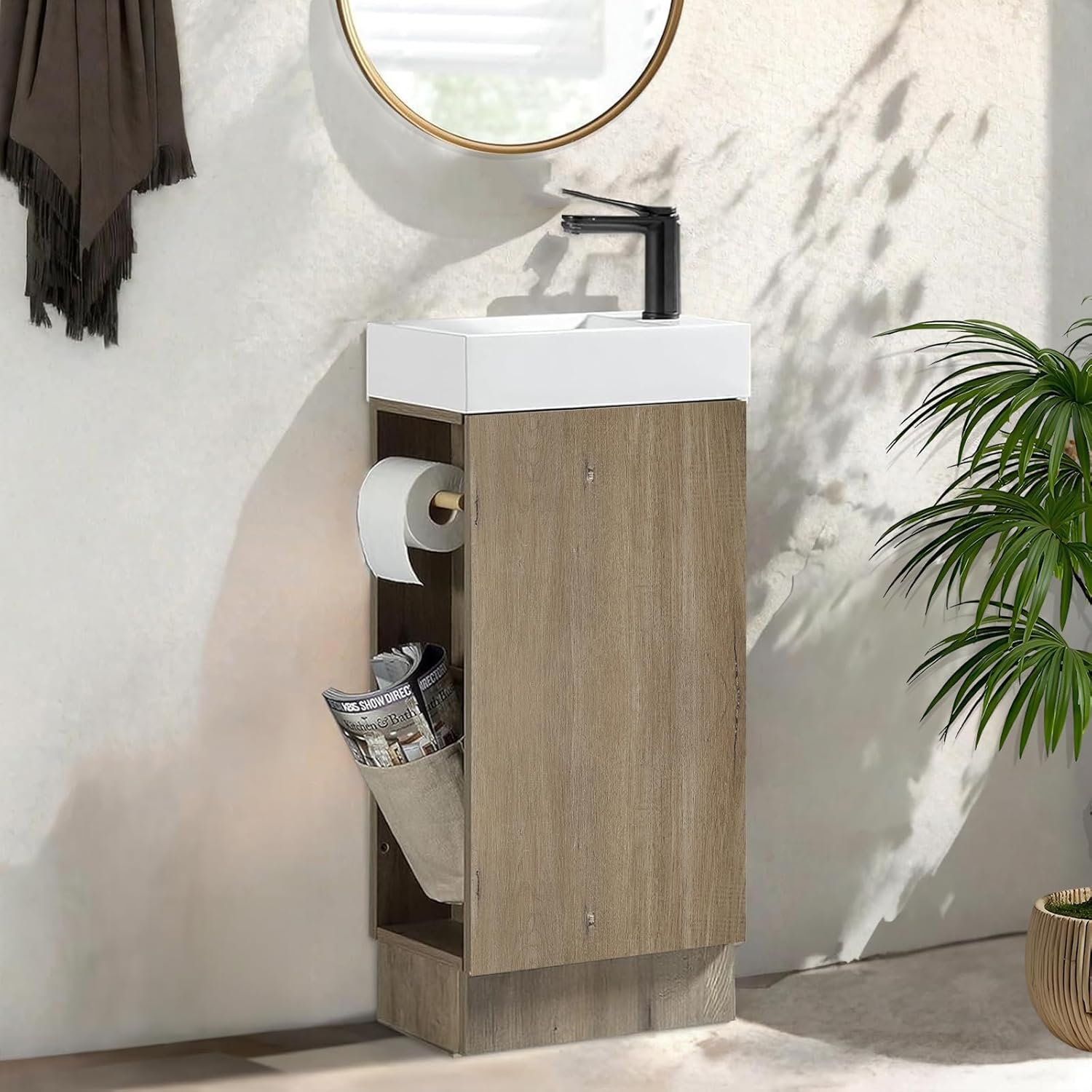 16" Small Bathroom Vanity with Sink - Grey:Small Space Fit,2 Toilet Paper Holders & Storage Pocket,Adjustable Shelve,Soft Closing Door & Quiet Hinges,Floor-Standing Extra Storage