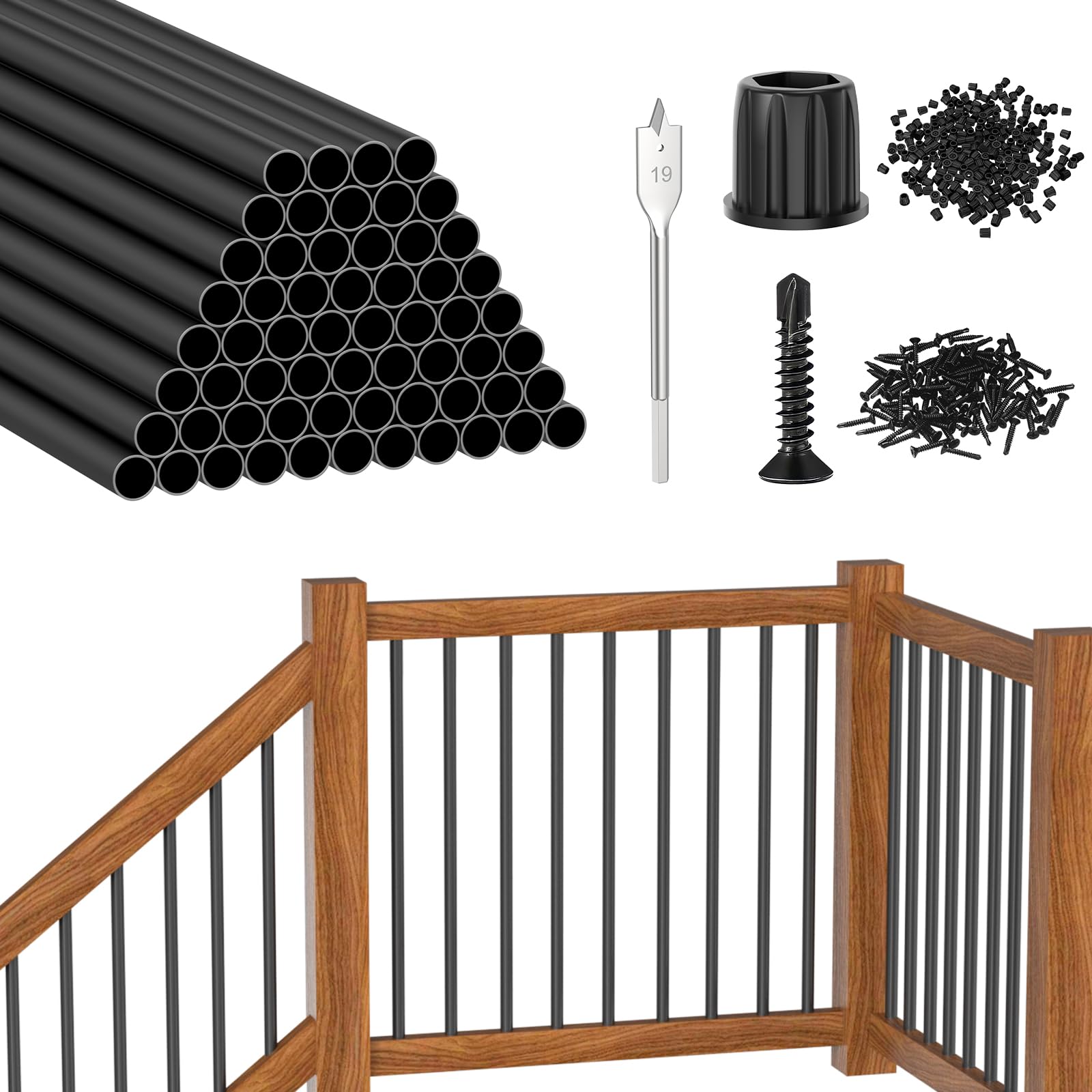 CKE 60 Pack 26" Round Aluminum Deck Balusters, 3/4" Diameter Hollow Round Black Aluminum Balusters for Deck Railing, Metal Deck Baluster Staircase