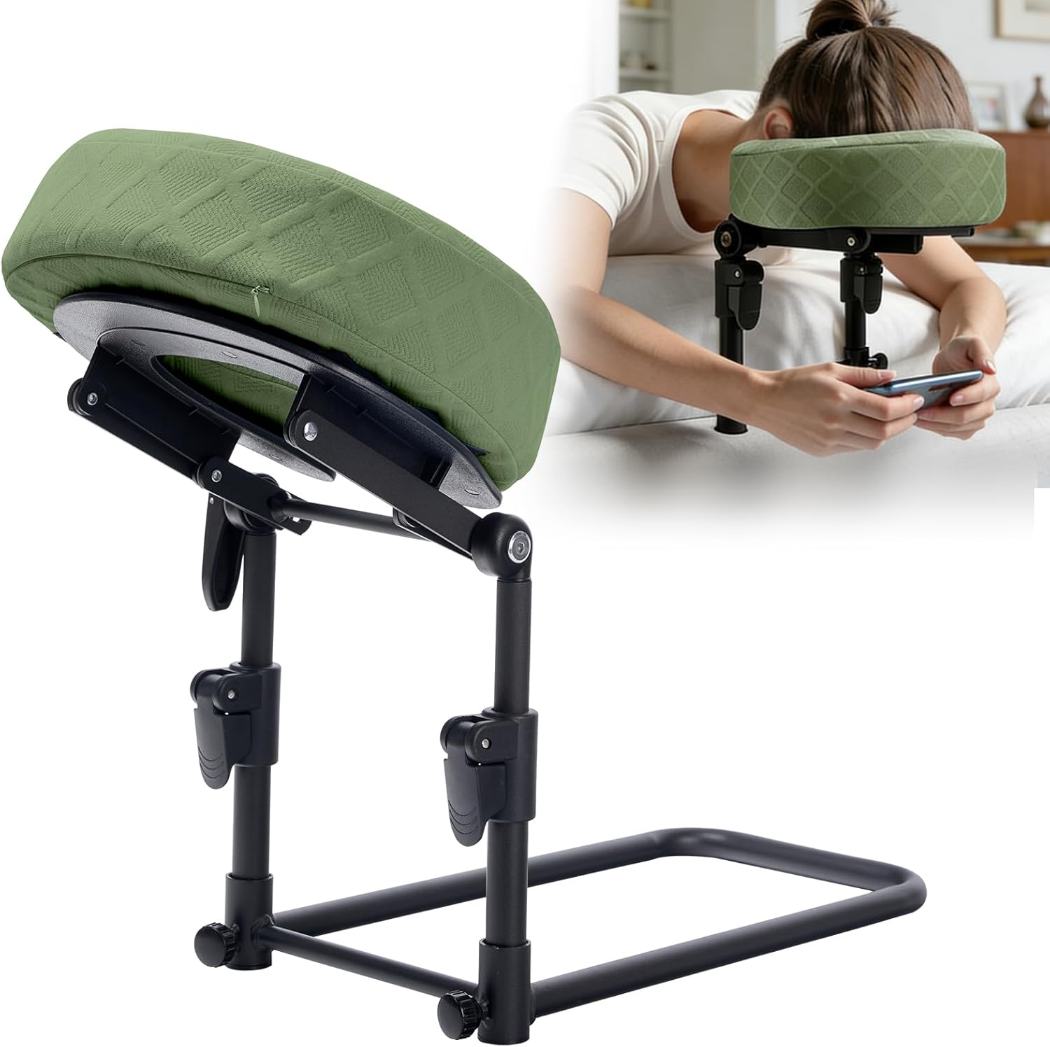 Massage Headrest for Bed, Headrest Face Cushion, After Eye Surgery Face Down Pillow with Adjustable Height, Washable Pillowcase(Olive Green)