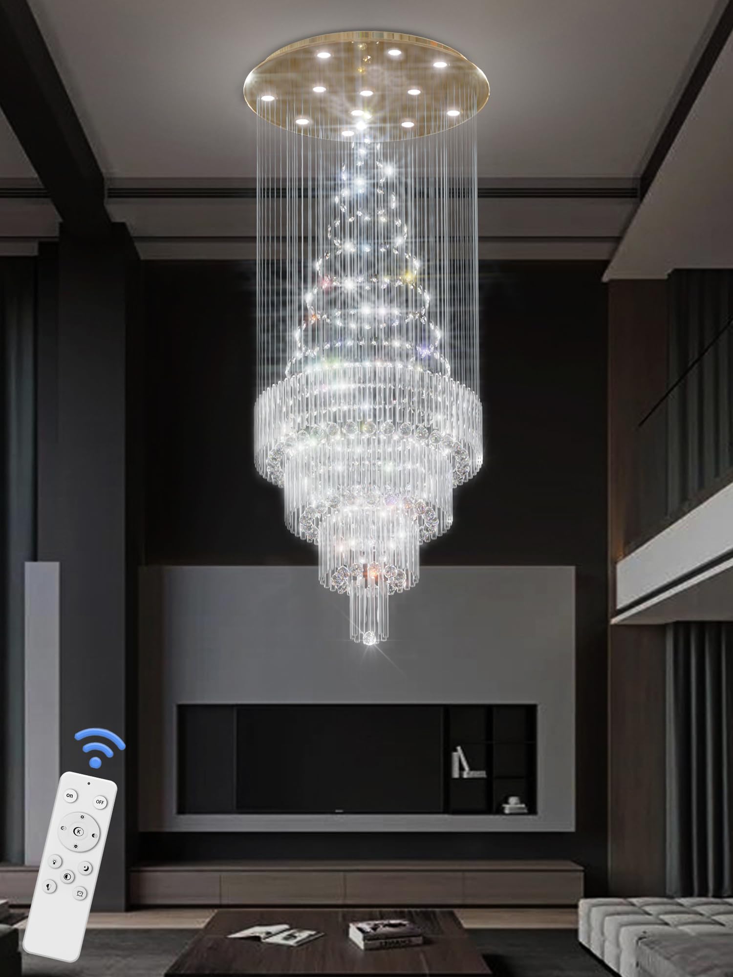 D32''X H110'' Modern Crystal Raindrop Gold Chandelier Lighting for Entrance, Stairs, Doorway, Crystal Ornament Chandelier Can be Used on Sloping Ceiling
