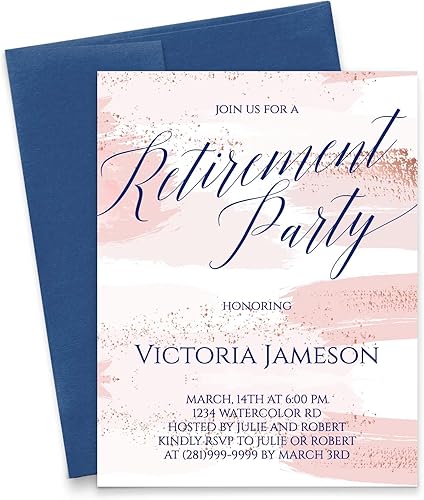 Modern Pink Paper Elegant Retirement Dinner Invitation, Rose Gold Watercolor Retirement Party Invites, Your choice of Quantity and Envelope Color