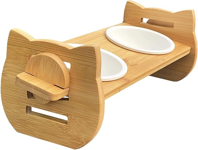 Cat Food Bowl Anti Vomiting, Ceramic Cat Bowls With Stand Tilted, Raised Cat Bowl for Food and Water, Tilted Cat Bowl, Bamboo Cat Feeding Station, Elevated Cat Bowl with Cat-shaped Stand (S)
