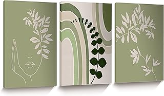 UPWOIGH 12x16in Boho Green Canvas Wall Art, Woman Botanical Leaves Line ...