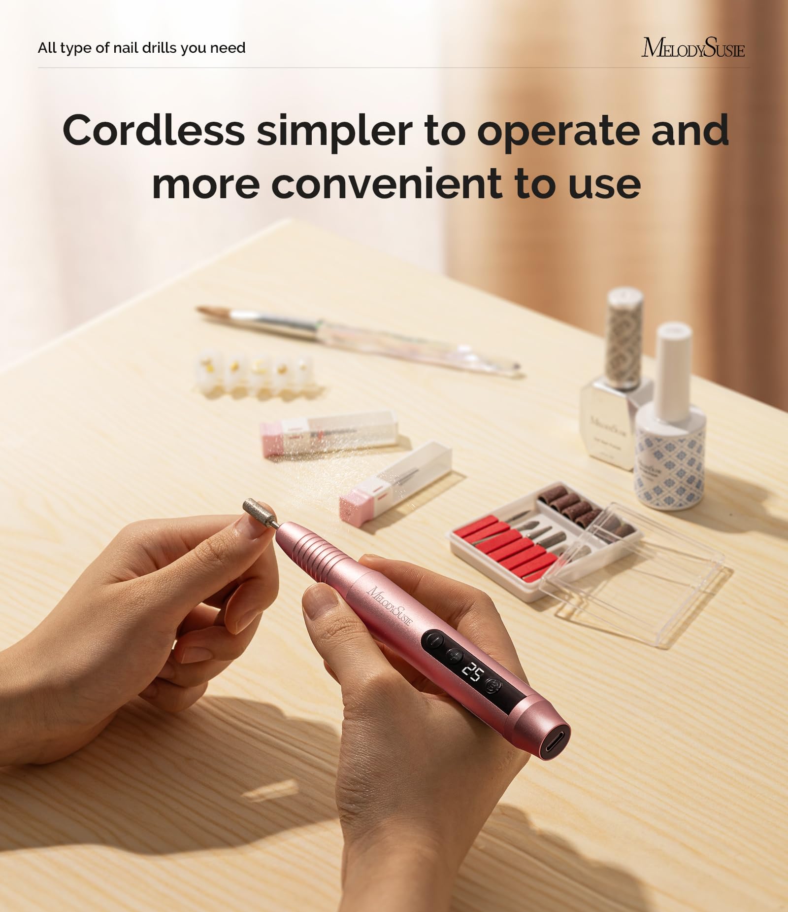 MelodySusie Cordless Nail Drill, PC180G 25,000RPM Rechargeable Electric Nail File with Nail Drill Bits,Sanding Bands
