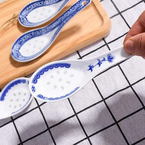 Miniatura 6 de Cucharas de sopa japonesas, 6 cucharadas de cerámica asiática azul y blanca, cucharas de arroz de porcelana adecuadas para gachas de arroz,