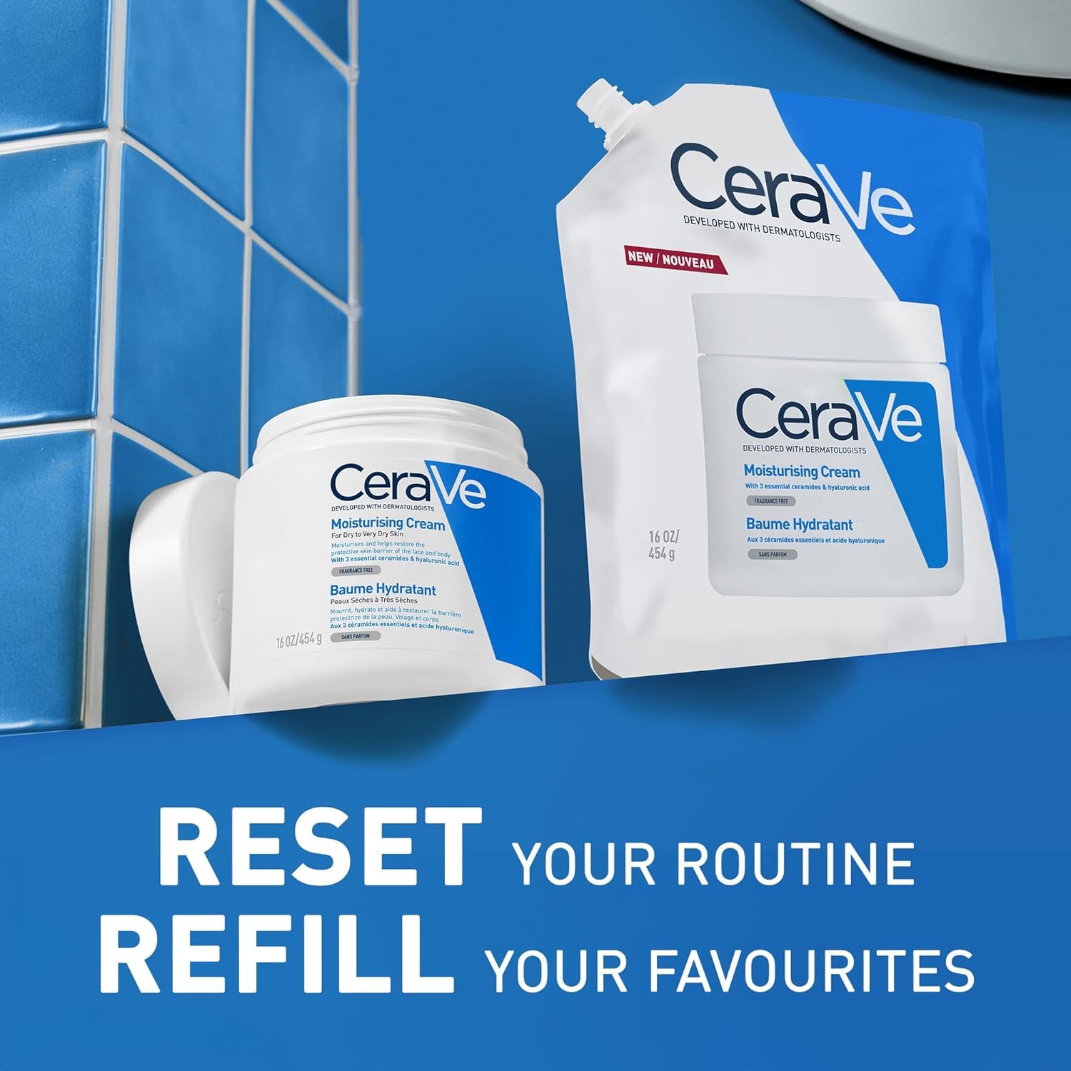 CeraVe Feuchtigkeitscreme mit Nachfüllung - Mit Hyaluronsäure & 3 essentiellen Ceramiden - Reichhaltige Hydratation für trockenes bis sehr trockenes, empfindliches Gesicht & Körper (454g Glas + 454g