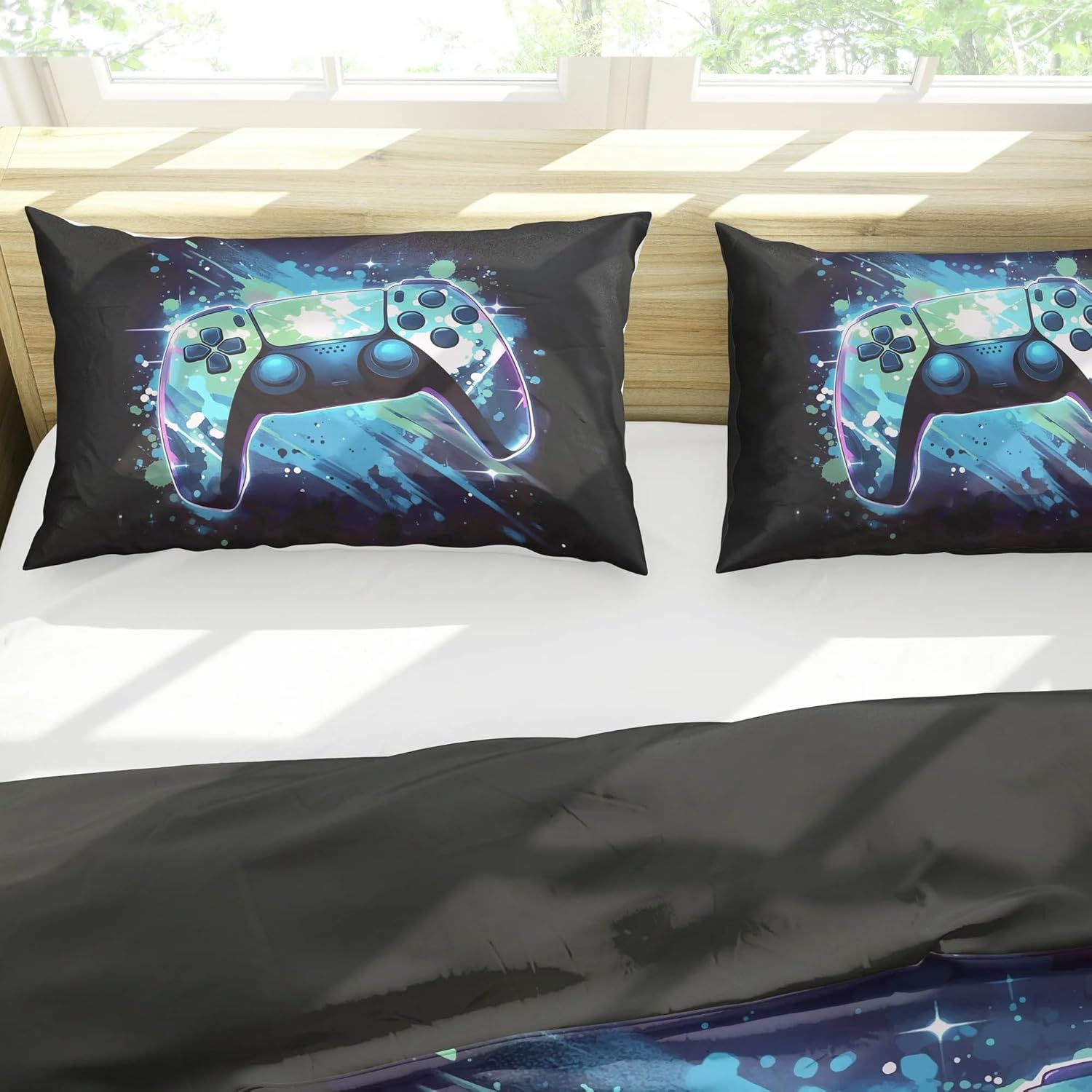 Gaming Comforter Set Queen Size for Boys Kids Teens Game Video Gamer Quilt Set Bedroom Decor Gamepad Bedding Set Blue 5 Pieces Bed in a Bag