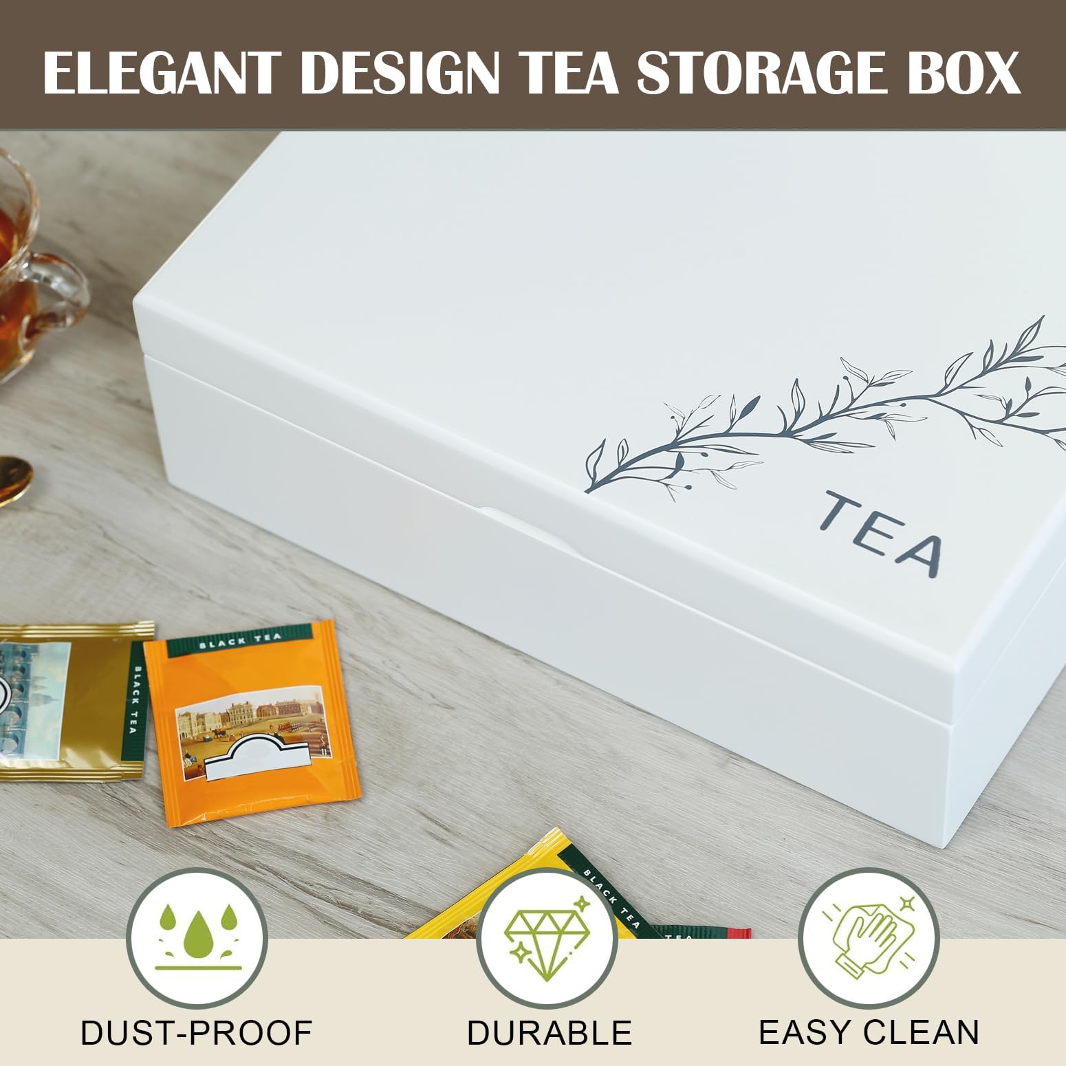 Slege Boîte à Thé en Bois Faite Main,Boîte Thé Blanche à 12 Compartiments,Coffret Thé,Organisateur de Sachets de Thé,Boîte à Café,Boite The Vrac,Organisateur Pour la Maison ou Cadeau,Tea Box