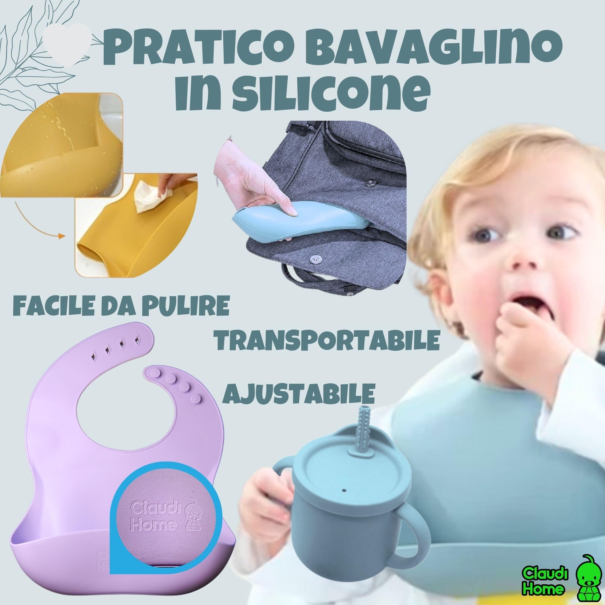 Set Prima Pappa In Bambù E Silicone - Piatto A Ventosa, Bavaglino, Posate, Tazza, Verde - Claudi Home - Foto 3