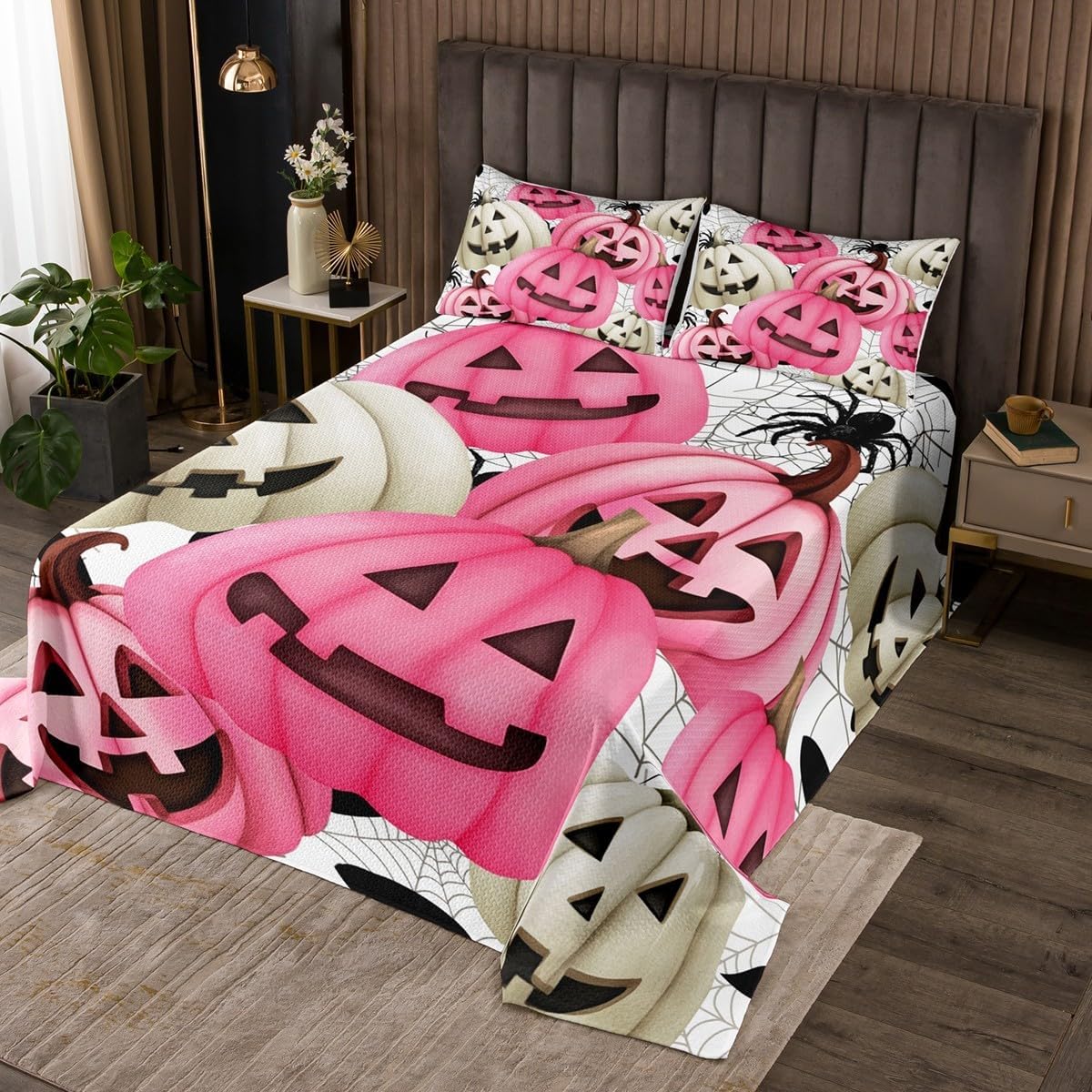 Erosebridal Halloween Pumpkin Lantern Bedspread Queen Funny Goth Pumpkin Quilt Set Gothic Lantern Coverlet Set for Kids Adults,Black Spider Web Bedding Quilted