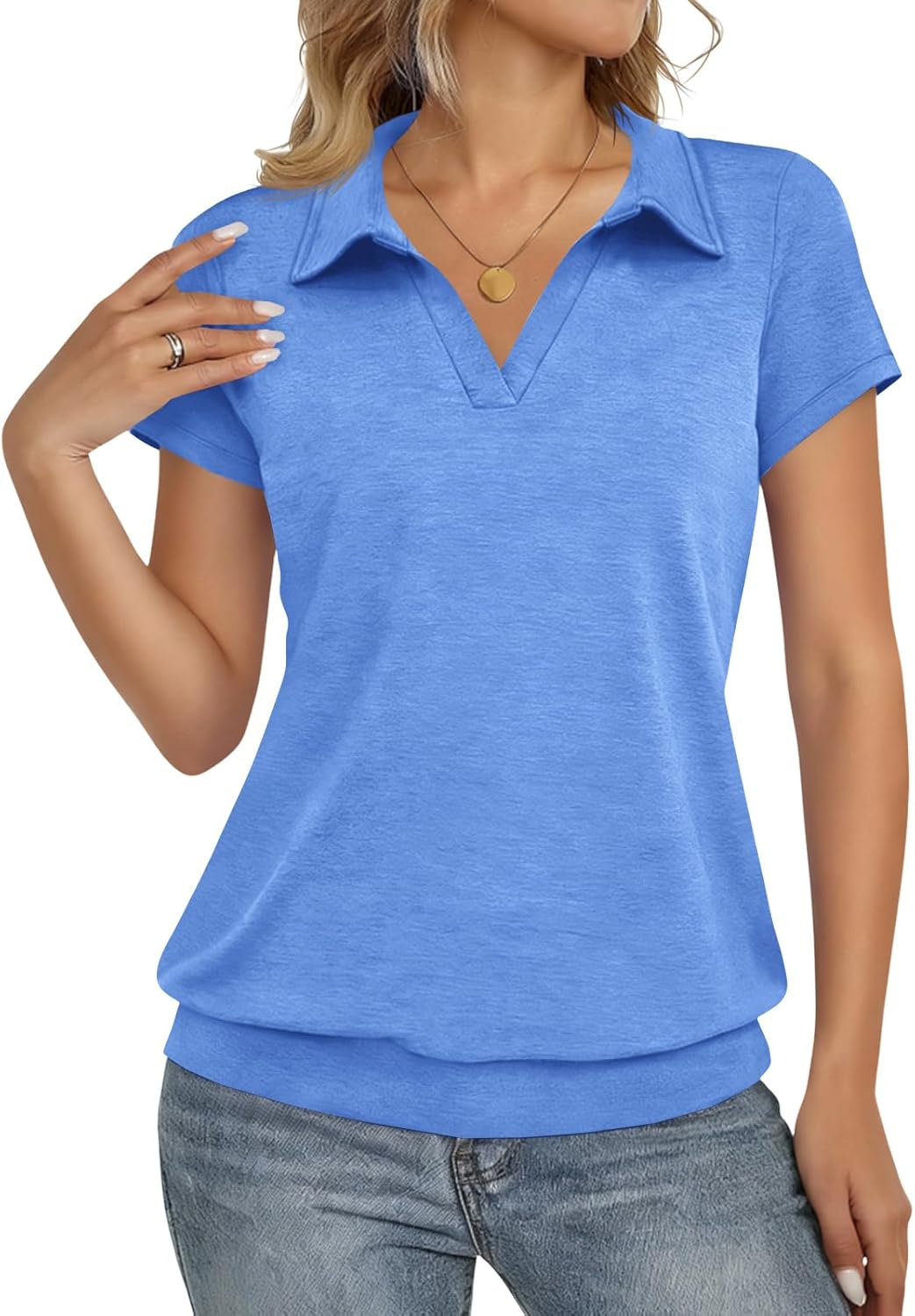 Fisoew Womens Polo Shirts Short Sleeve Banded Bottom Tops Casual Loose Collared V Neck Blouses