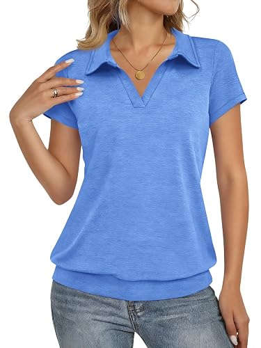 Fisoew Short Sleeve Polo Shirts for Women Tennis Golf Shirt Business Casual Loose Collared V Neck Top Blouses Blue